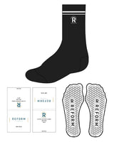 The Crew Sock - Black - Reform Fitness - Top Border Lines - "R" - White - Hexago Shape Grip - White
