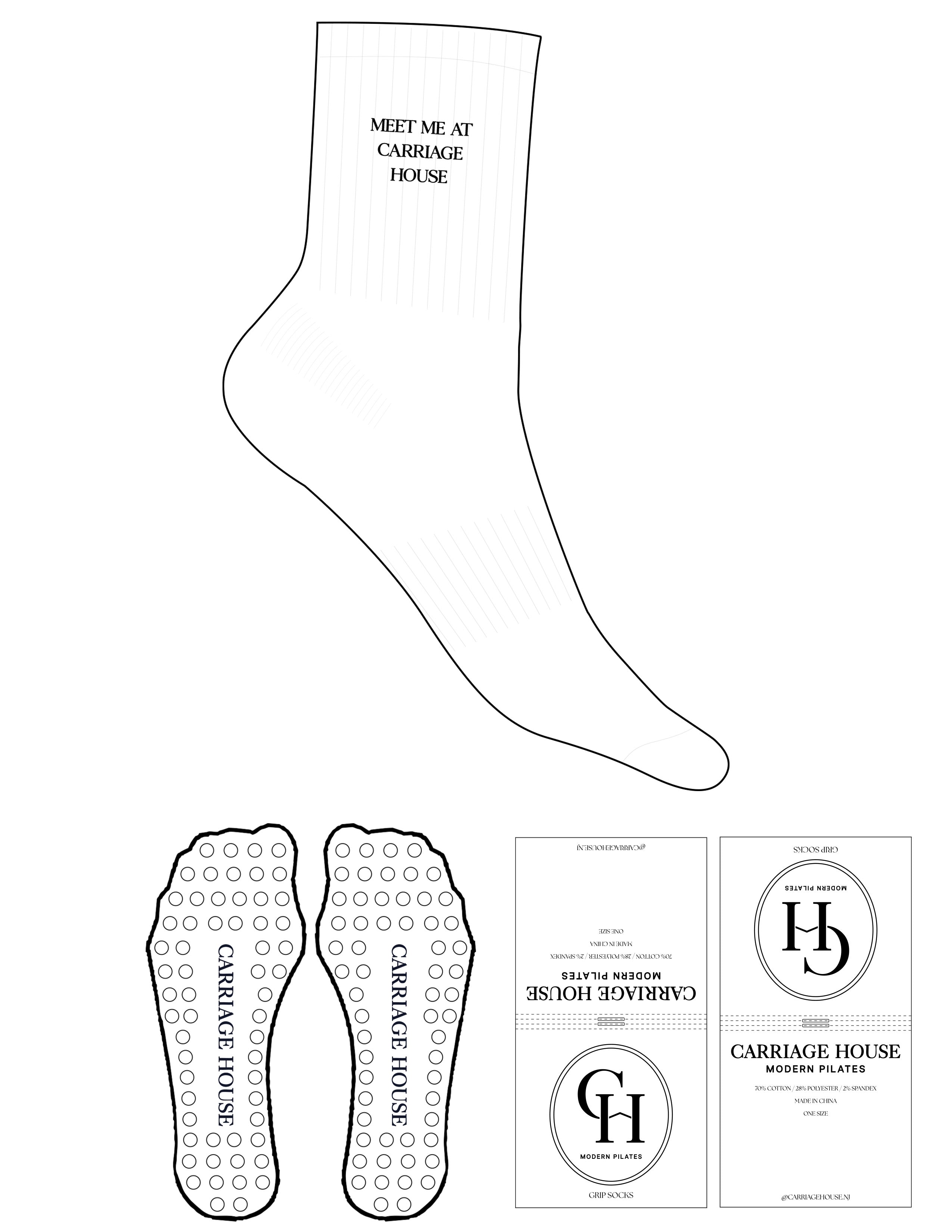 The 3/4 Crew Sock - White - Carriage House - Top Logo Stacked - Embroidered - Black - Circle Grip - Black