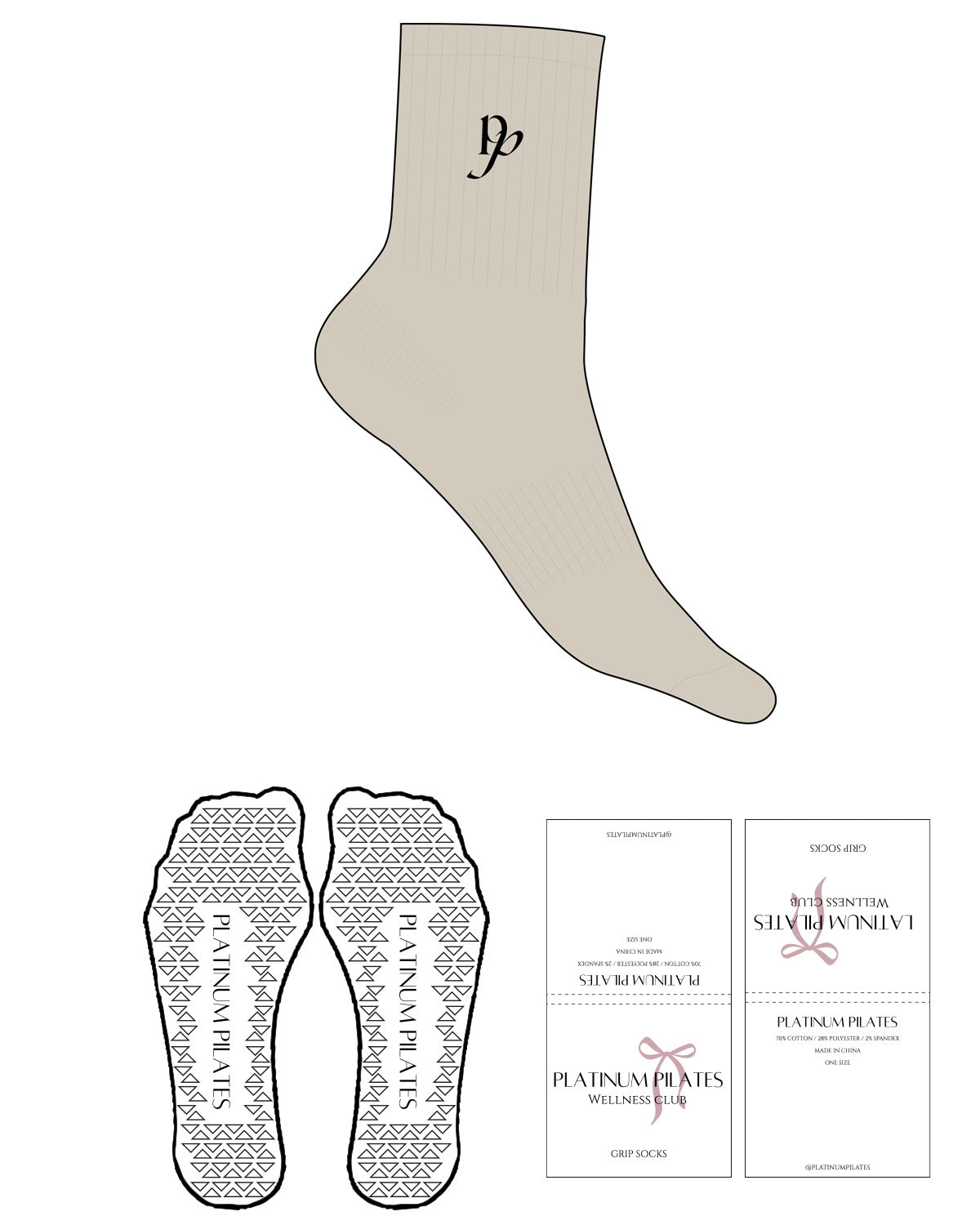 The 3/4 Crew Sock - Sand - Platinum Pilates - Top Logo "PP" - Embroidered - Black - Triangle Grip - Transparent