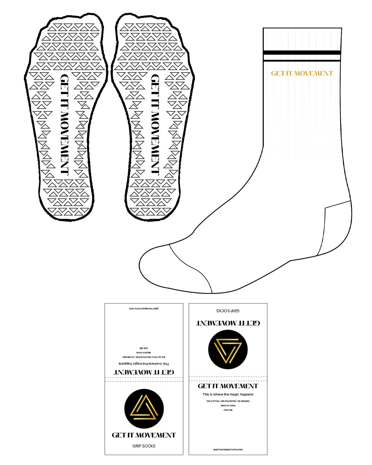 The Crew Sock - White - Get It - 2 Lines - Black - Center Text - Gold - Triangle Grip - Black