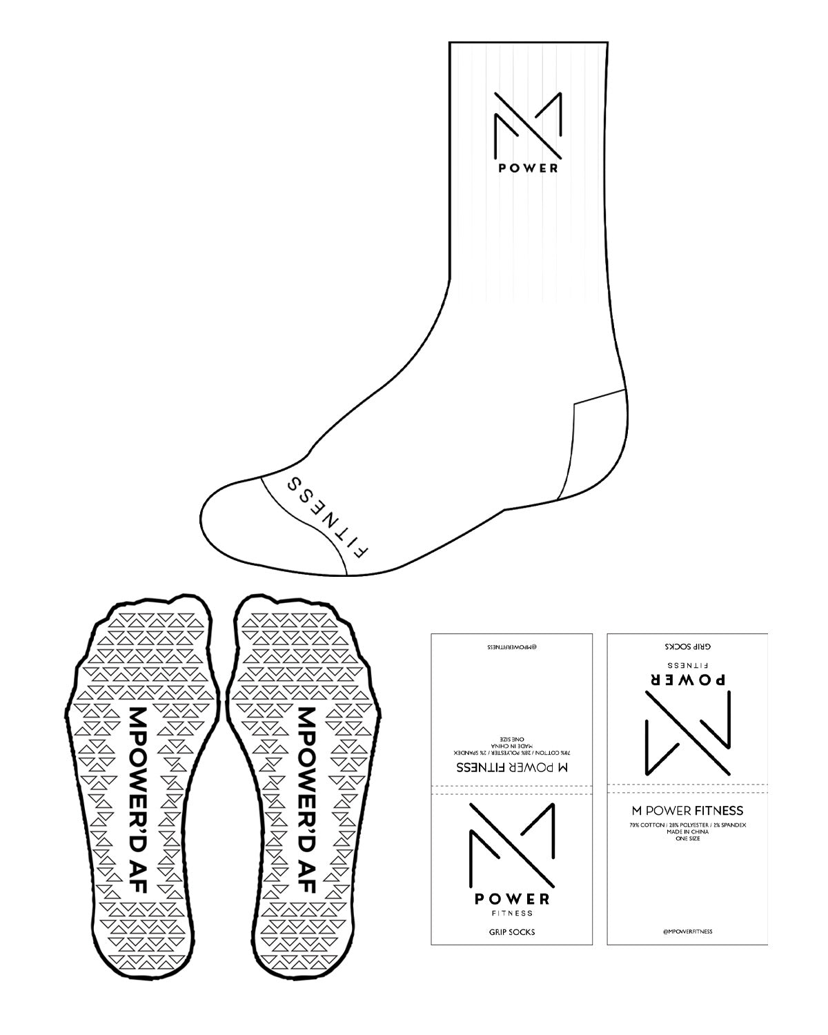 The Crew Sock - White - MPower Fitness - Top Icon & Bottom Text - Black - Triangle Shape Grip - Black