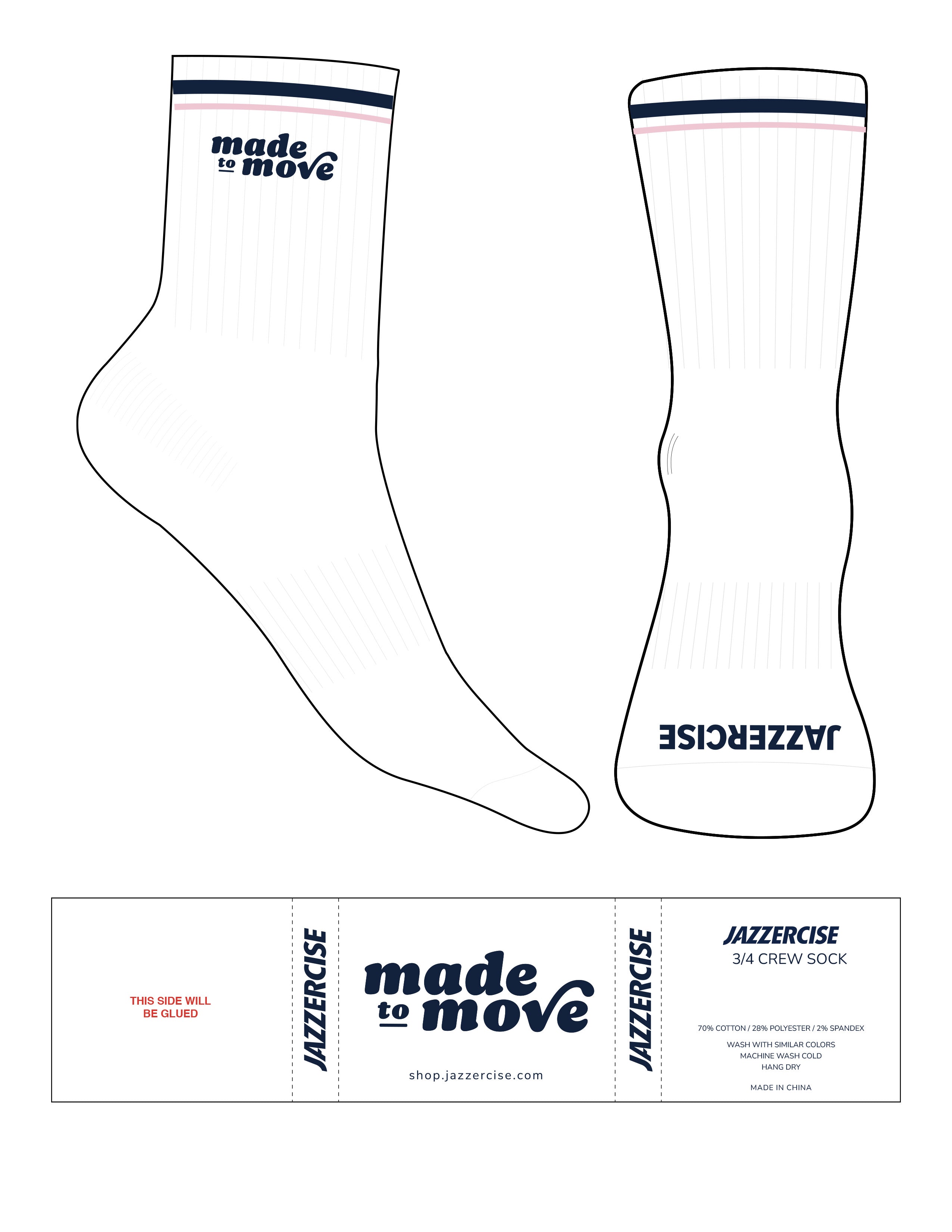 The 3/4 Crew Sock - White - Jazzercise - 2 Stripes - Navy & Pink - Top Logo Embroidered - Toe Logo - Navy - No Grip