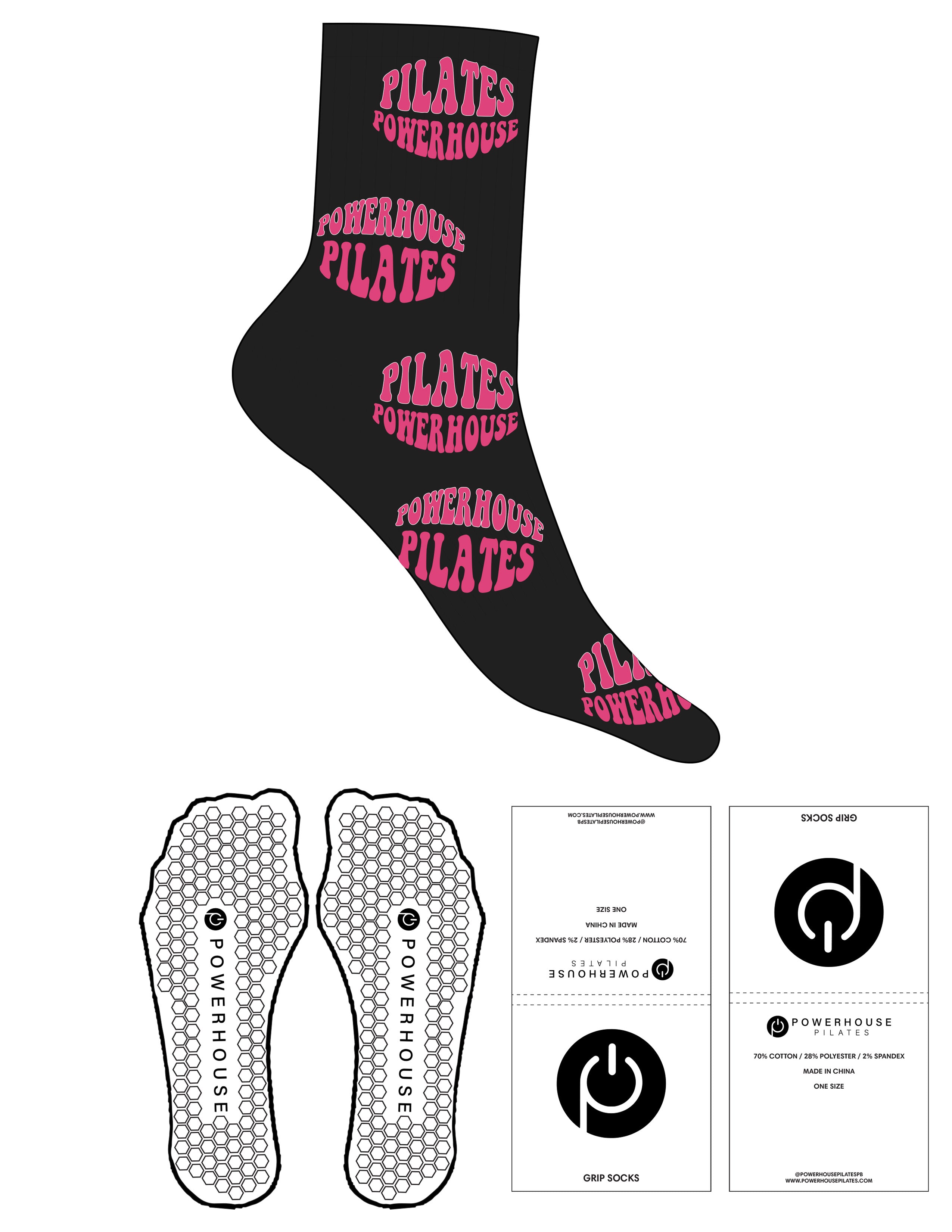 The 3/4 Crew Sock - Black - Powerhouse Pilates - Full Sock "PILATES POWERHOUSE" - Hot Pink & White - Hexagon grip - Transparent