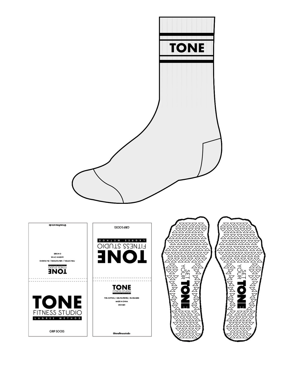 The Crew Sock - Heather - Tone Fitness Studio - 4 Lines - Center Text - Black - Triangle Shape Grip - Black