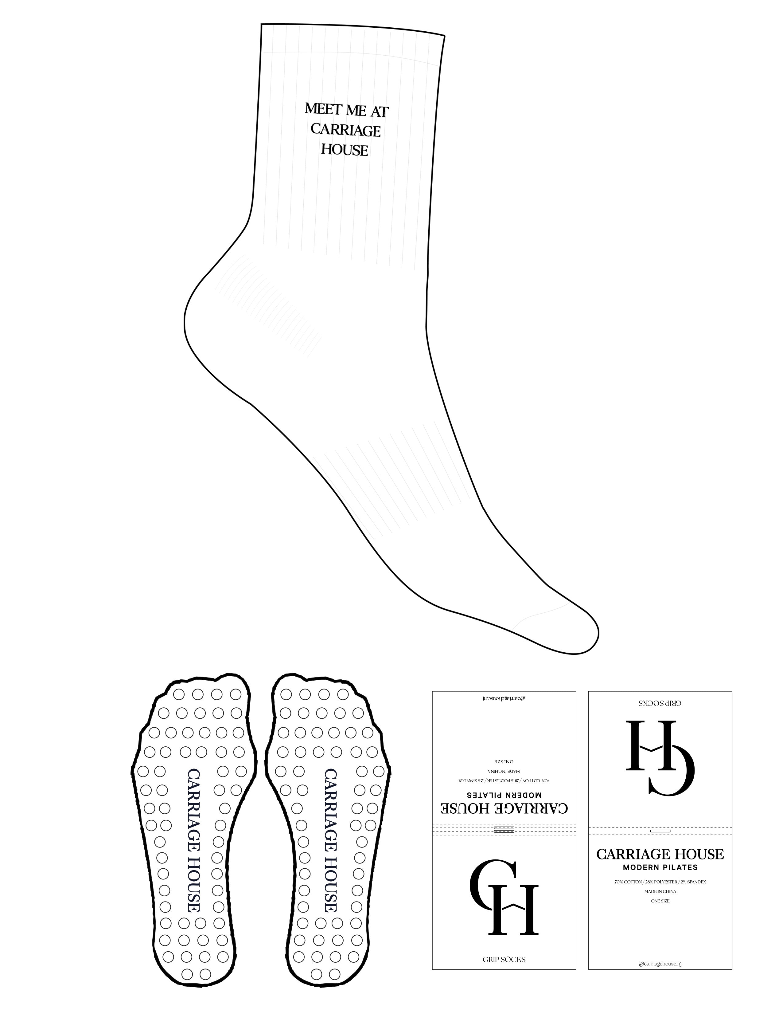 The 3/4 Crew Sock - White - Carriage House - Top Logo Stacked - Embroidered - Black - Circle Grip - Black