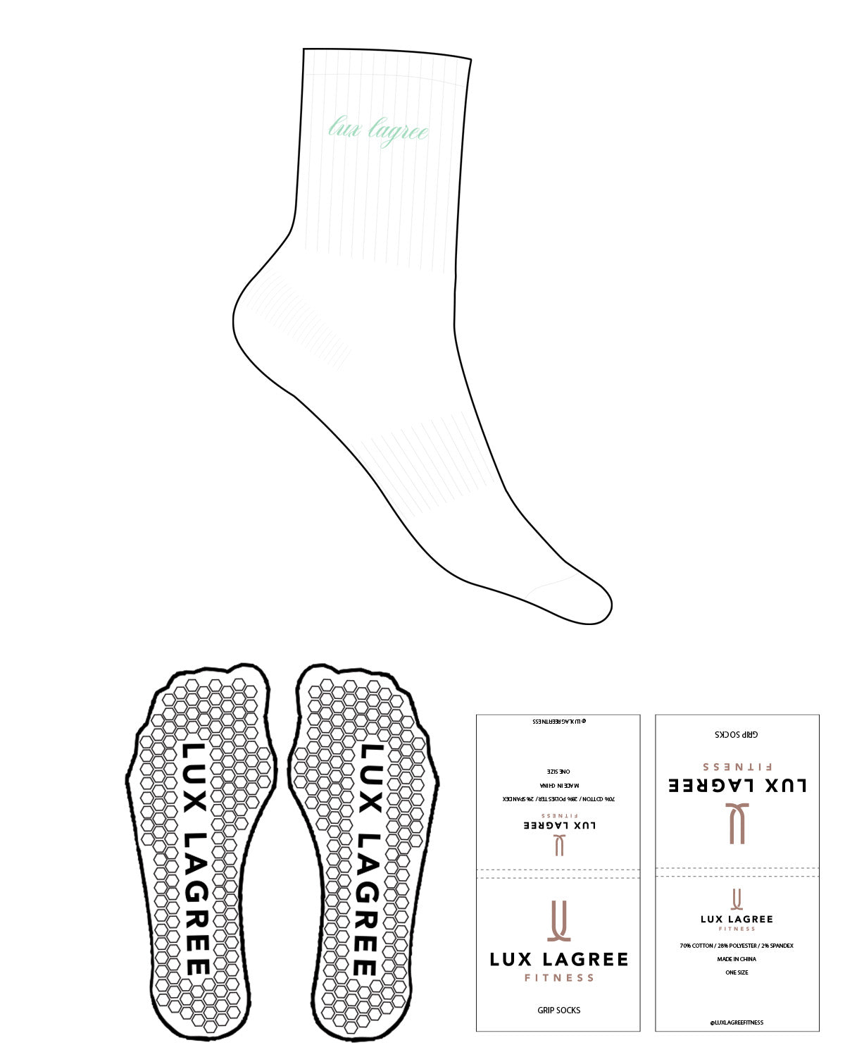 The 3/4 Crew Sock - White - Lux Lagree - Top Logo - Embroidered - Mint Green - Hexagon Grip - Mint Green