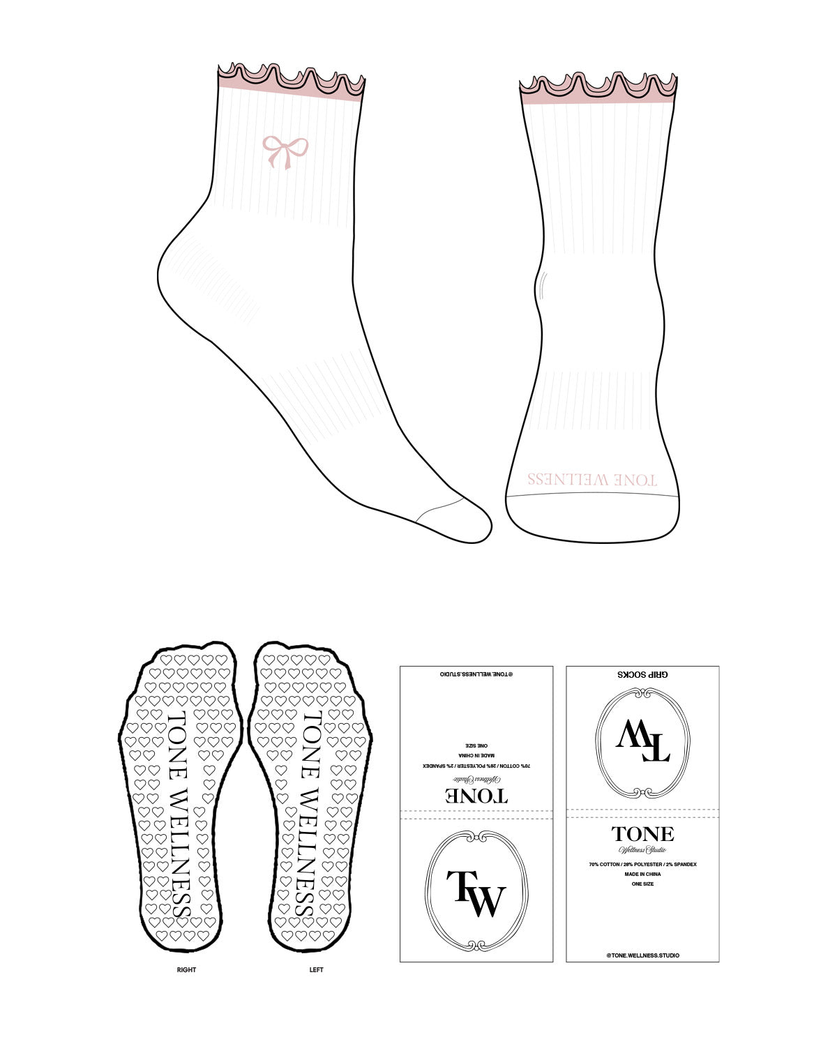 The 1/2 Crew Sock - White - Tone Wellness Studio - Top & Toe - Embroidered Pink - L58 Frill - Heart Shape Grip - Pink