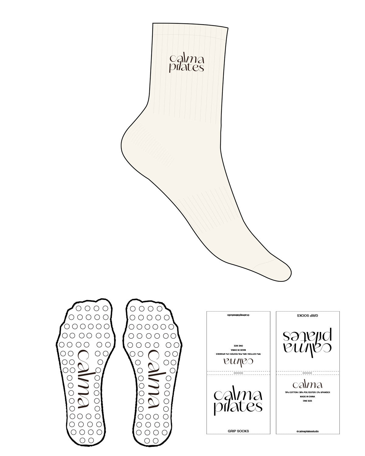 The 3/4 Crew Sock - Cream - Calma Pilates - Top Logo Stacked - Embroidered  - Espresso - Circle Grip - Transparent