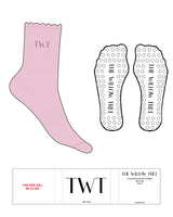 The 3/4 Scalloped Crew Sock - Baby Pink - The Willow Tree - Top Logo "TWT" - Embroidered - Mauve - Circle Grip - Transparent