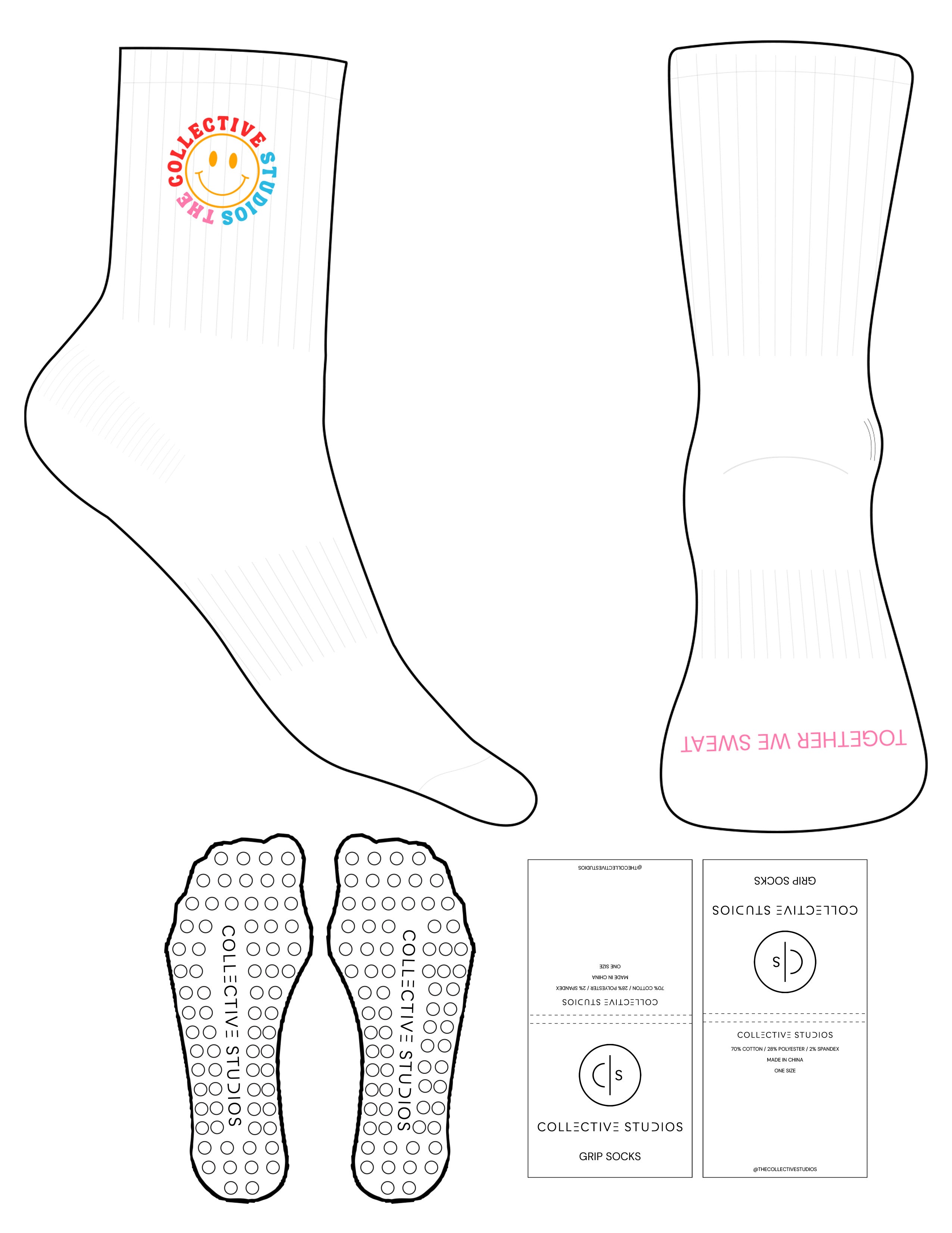 The 3/4 Crew Sock - White - Collective Studios - Top Logo Embroidered Full Color - Toe Logo Printed Pink - Circle Grip - Orange