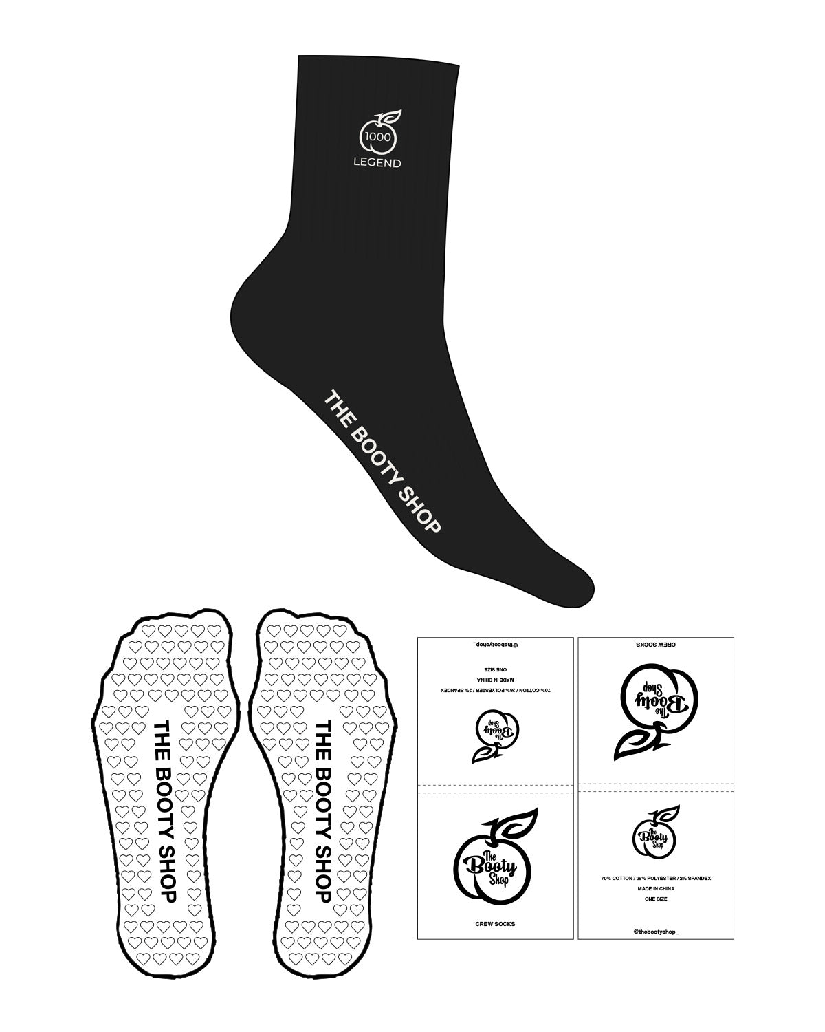 The 3/4 Crew Sock - Black - The Booty Shop - Ankle Logo - "1000" - EMB - Cloud Dancer - Foot Text - Printed - Cloud Dancer - Heart Grip - Black