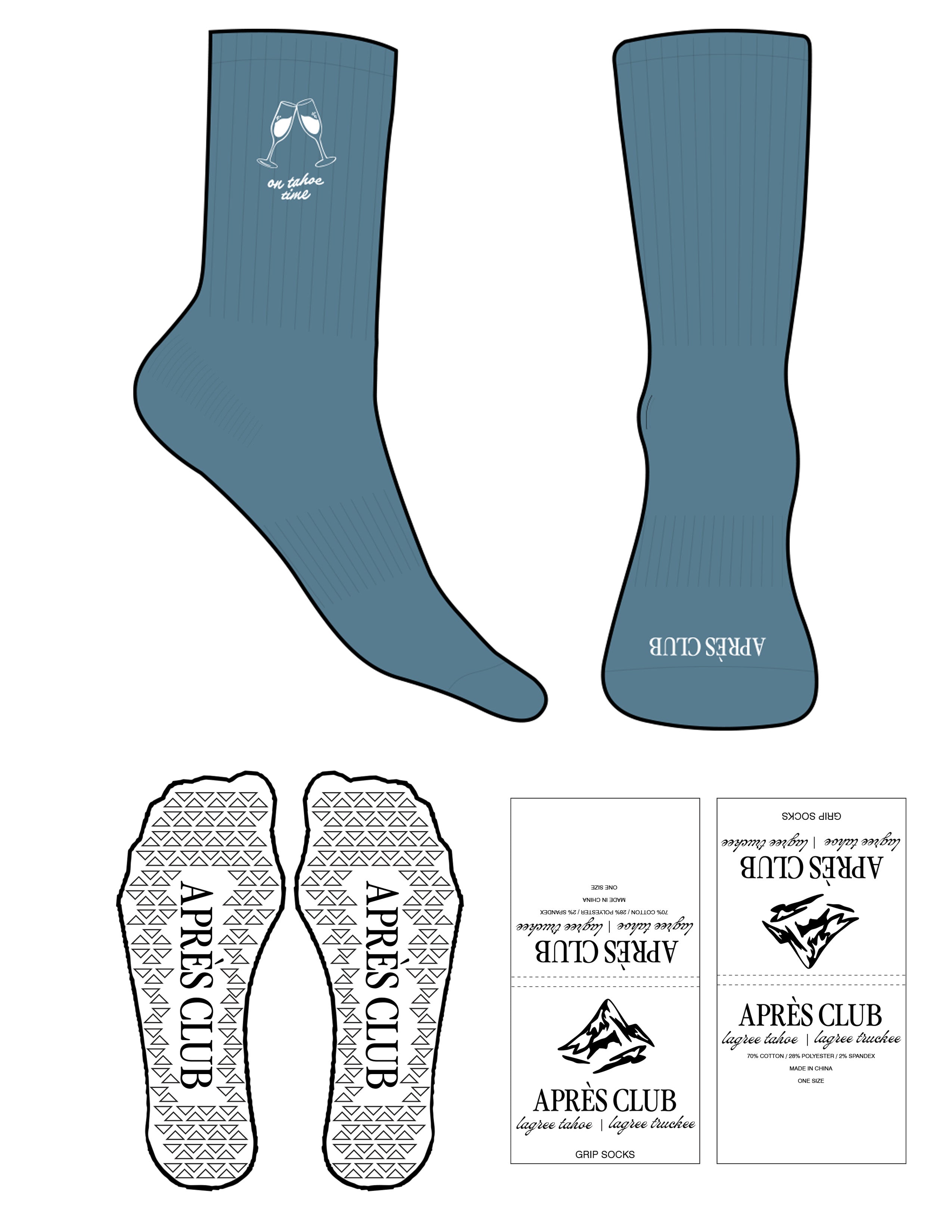 The Crew Sock - Blue - Lagree Tahoe - Top & Toe Logos - Embroidered - White - Triangle Shape Grip - White