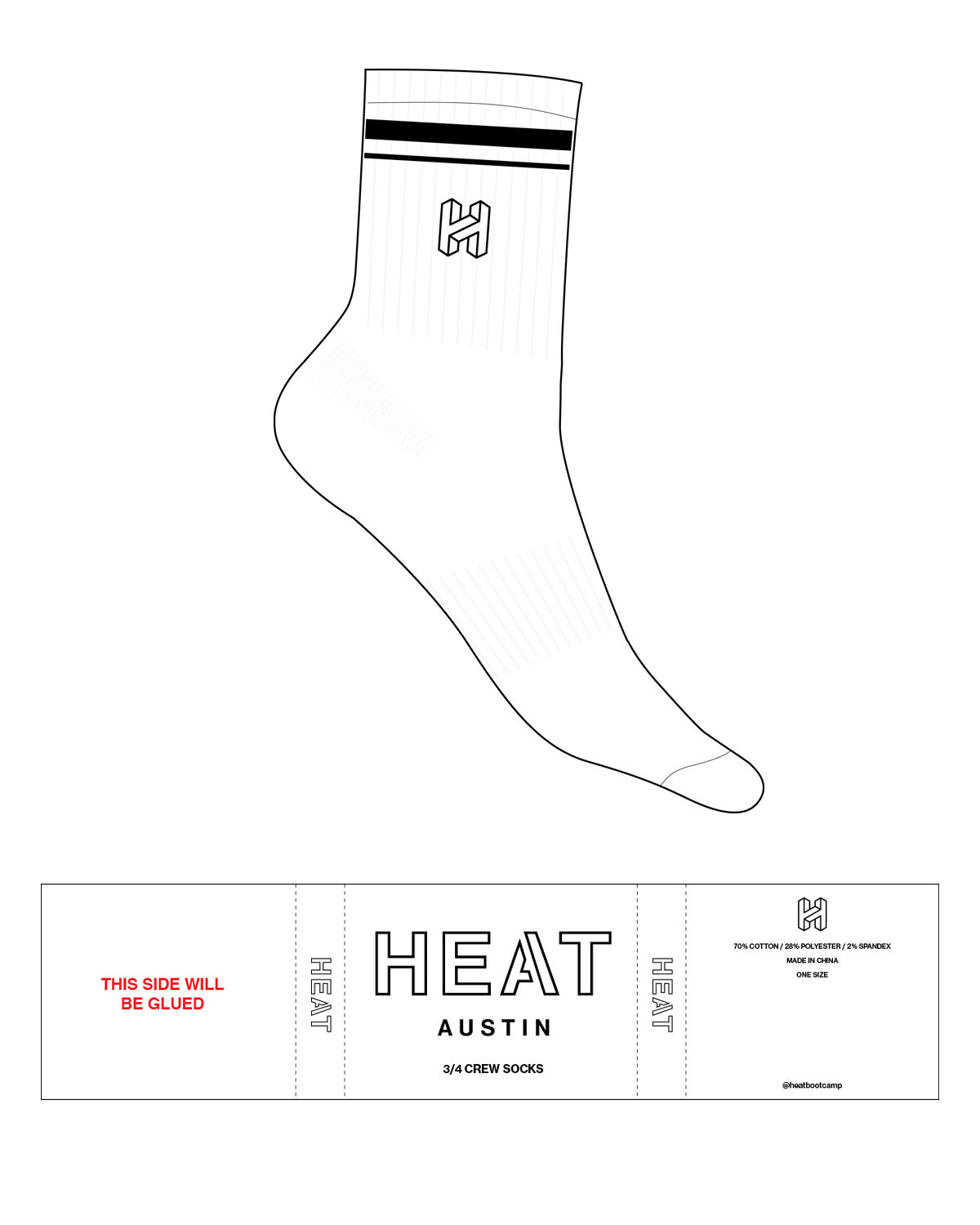 The 3/4 Crew Sock - Heat Bootcamp - 2 Strips - Top Logo "H" - Embroidered - Black