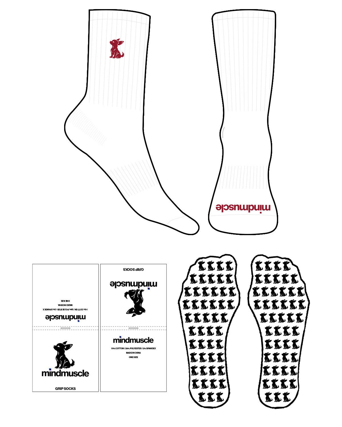The Crew Sock - White - Mind Muscle - Puppy - Sienna Red - EMB - Toe - Printed - Sienna Red -  Custom Grip - Sienna Red