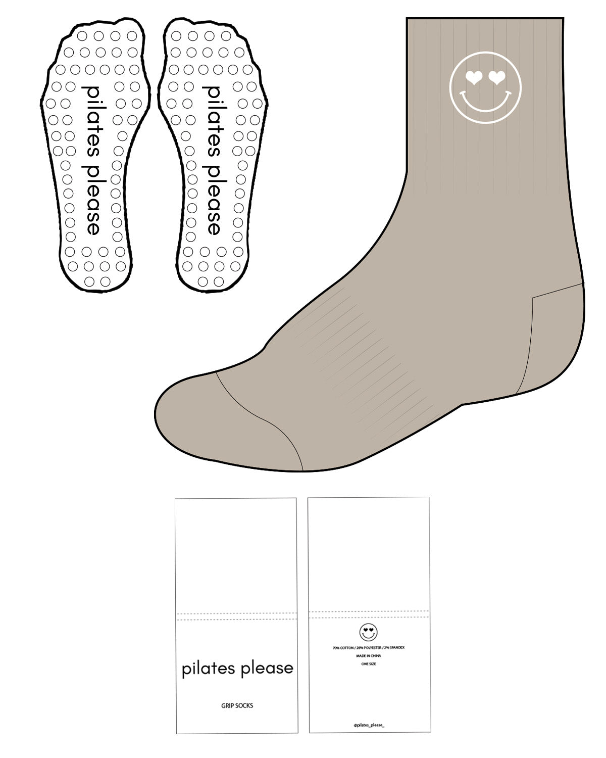 The 3/4 Crew Sock - Tan - Pilates by Nix - Center - Smiley W/ Heart Eyes - White - Grip - White