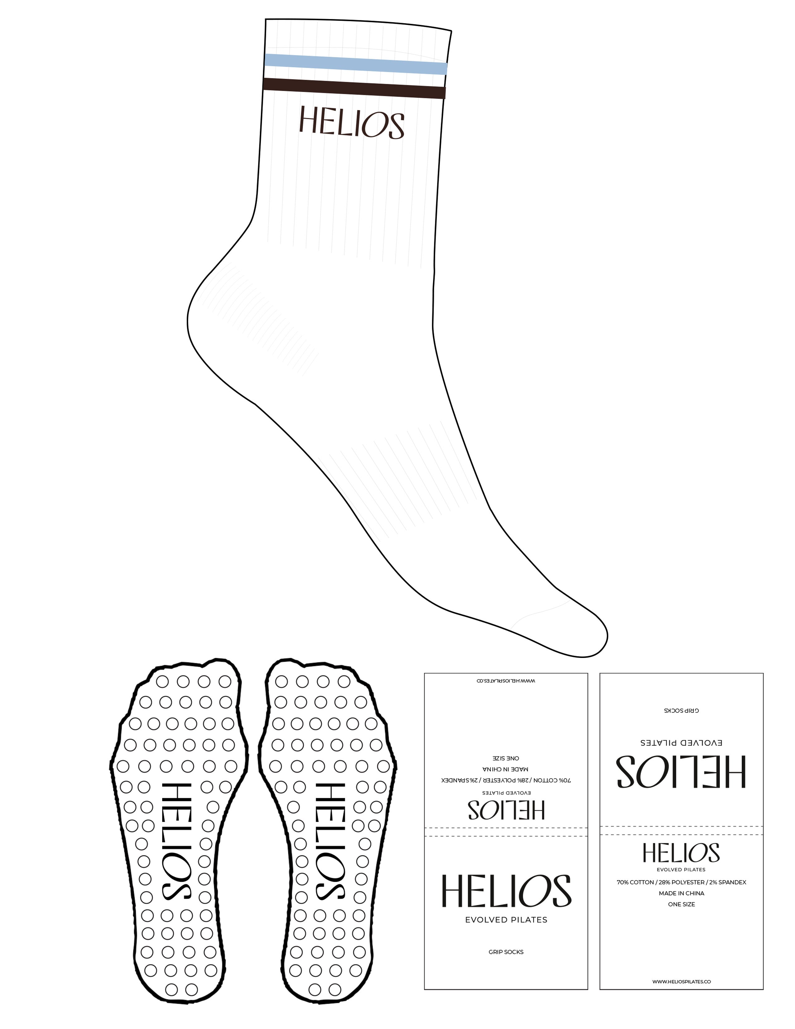 The 3/4 Crew Sock - White - Helios - Blue & Brown Stripes - Top Logo - Brown - Circle Grip - Blue