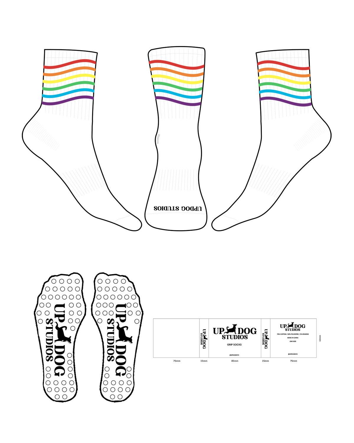 The 3/4 Crew Sock - White - Updog Yoga - Printed Stripe - Full Color - Toe Logo - Black - Circle Grip - Black