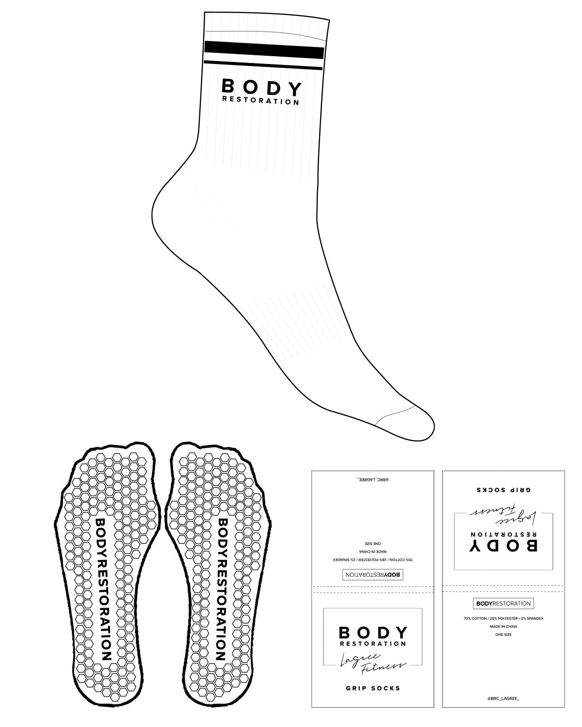 The 3/4 Crew Sock - White - Body Restoration - Text Stacked - Above 2 Lines - Black - Hexagon Grip Shape - Black