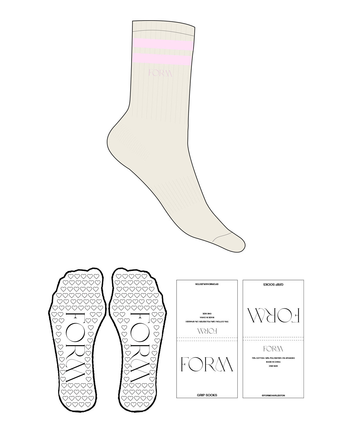 THE CREW SOCK   - Off White - Form Charleston - Two Strips Top Logo - Pink - Heart Shape With Icon  - Pink