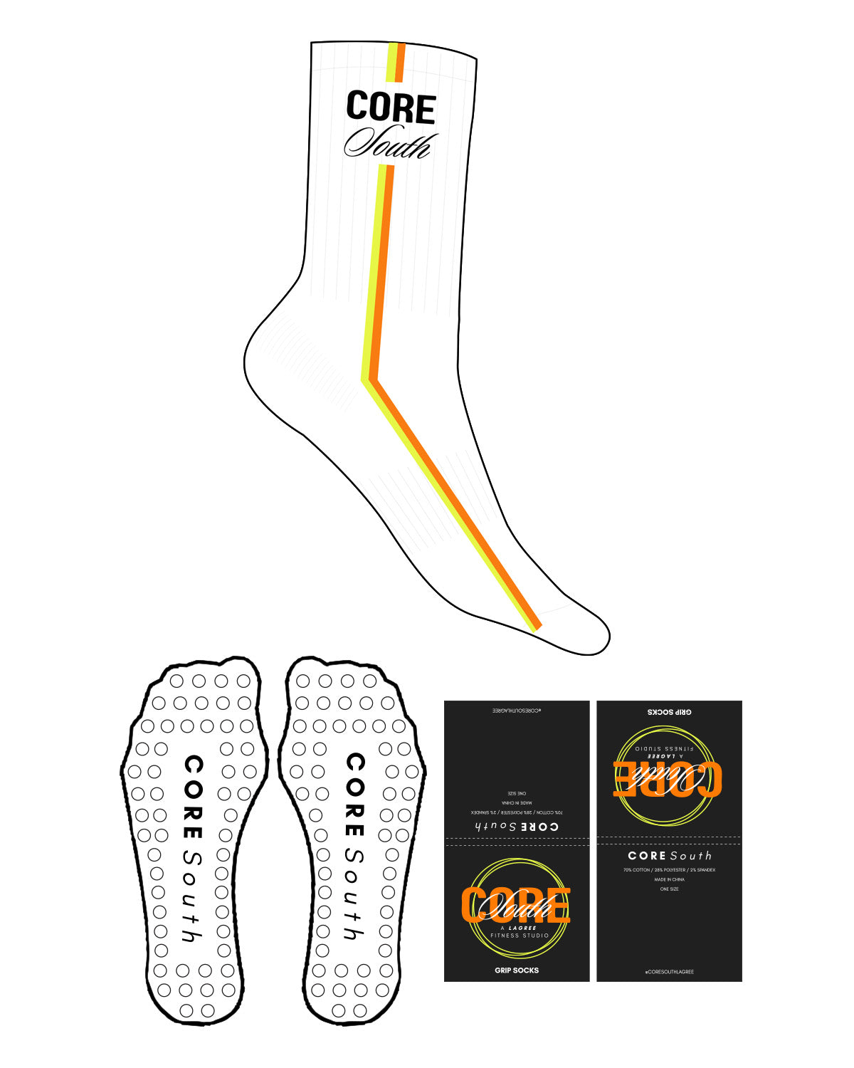 The Crew Sock - White - Core South Lagree - Top Text - Line Top To Bottom - Full Color - Circle Shape Grip - Transparent