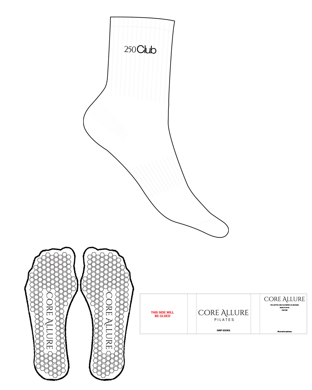 The 3/4 Crew Sock - White - Core Allure Pilates - Top Logo "250 Club" - Embroidered - Black - Hexagon Grip - Black