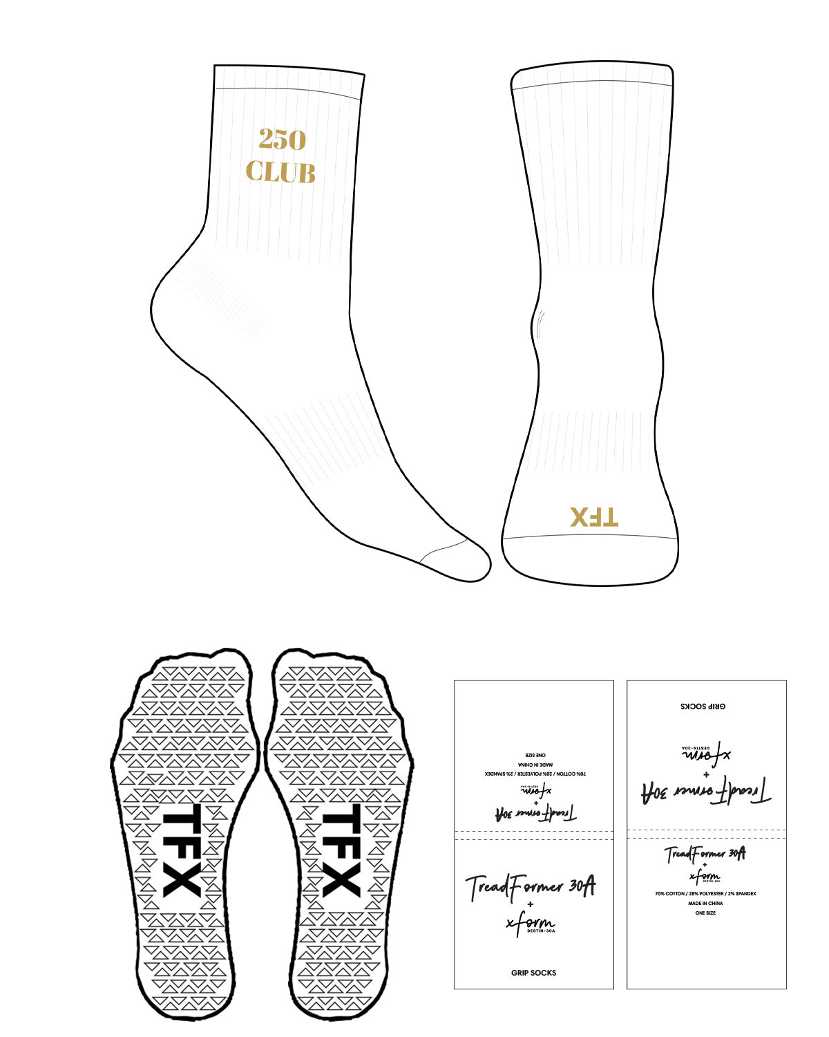 The 3/4 Crew Sock - White - Treadformer30A - Top Logo "250 Club" & Toe "TFX" - Embroidered - Gold - Triangle Grip - Black