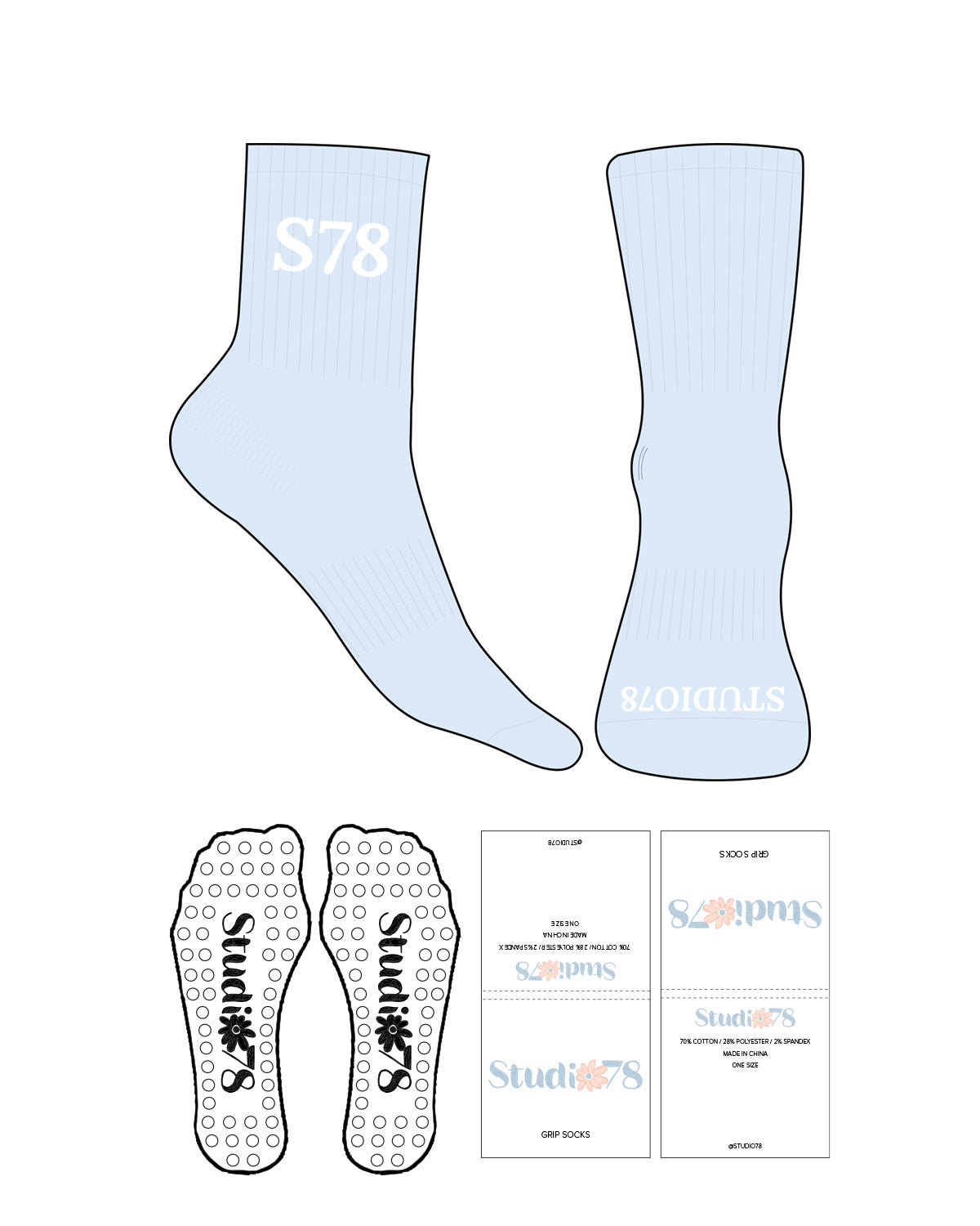 The Crew Sock - Blue- Studio 78 - S78 Top Tex - Bottom Text - Full Color - Circle Shape Grip - Transparent