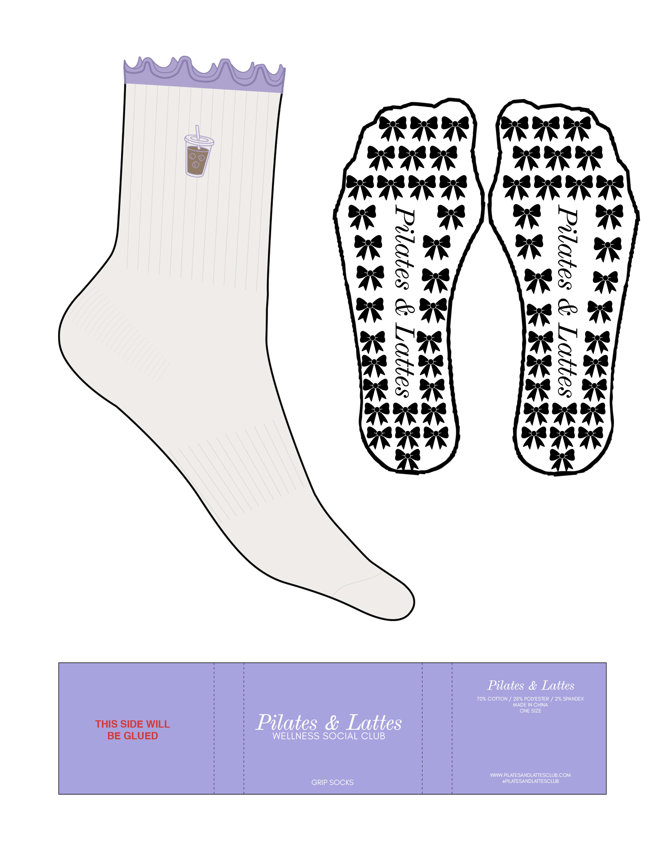 The 3/4 Crew Sock - Cloud Dancer - Pilates & Lattes - Lavender Frill - Top Logo Icon - Embroidered - Full Color - Bow Grip - Lavender