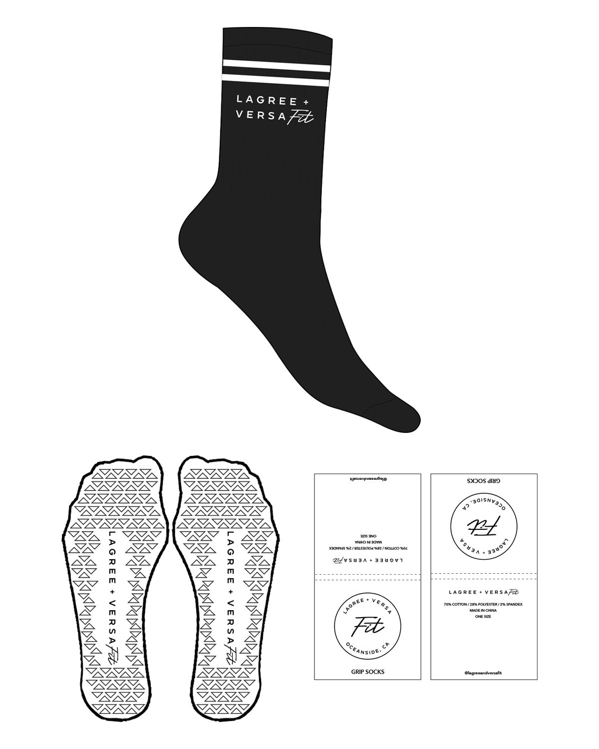 The Crew Sock - Black - Lagree Versa - 2 Strips - Logo Under 2 Strips Stacked - White - Triangle Shape Grip - White