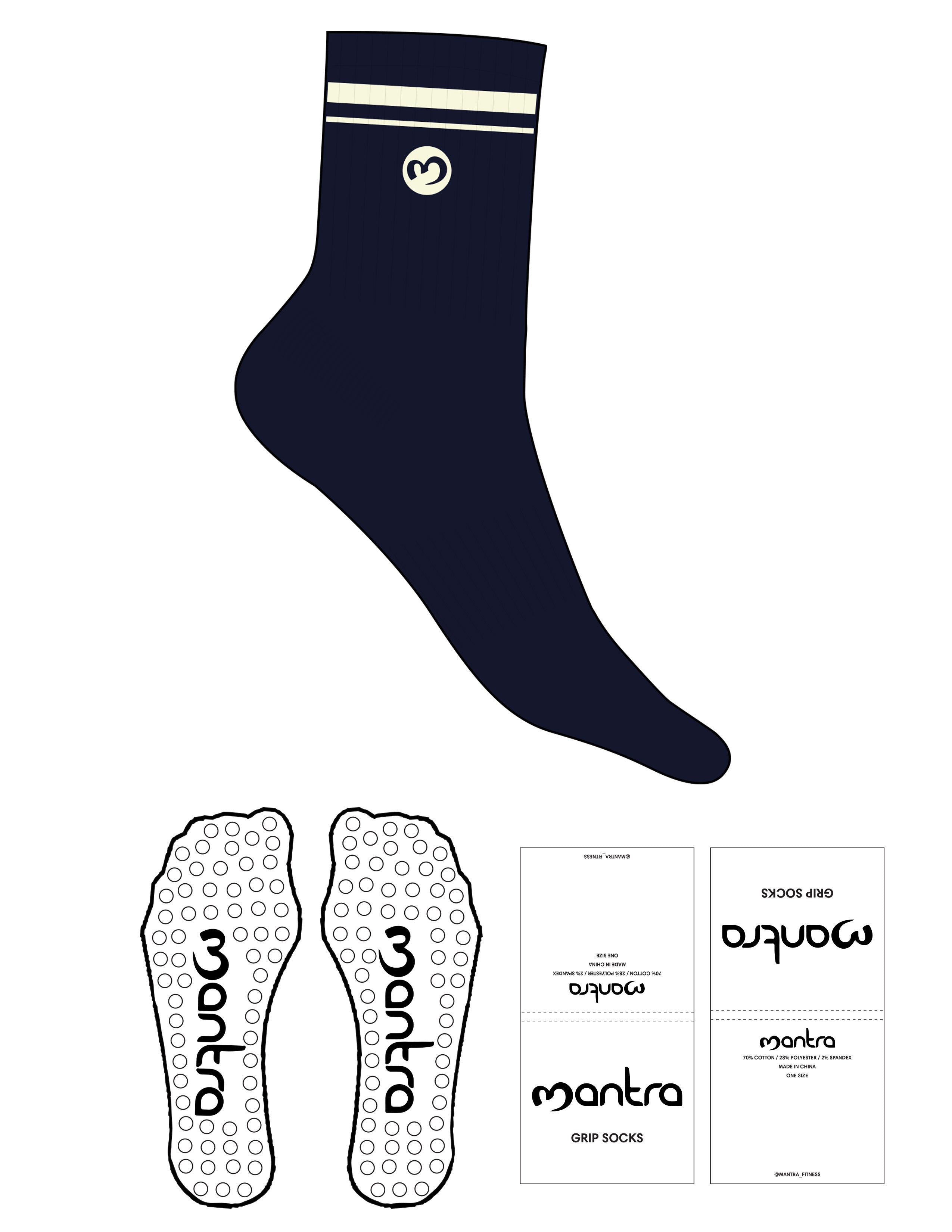The 3/4 Crew Sock - Navy - Mantra - 2 Stripes Printed - Top Logo Round Embroidered - Butter - Circle Grip - Transparent