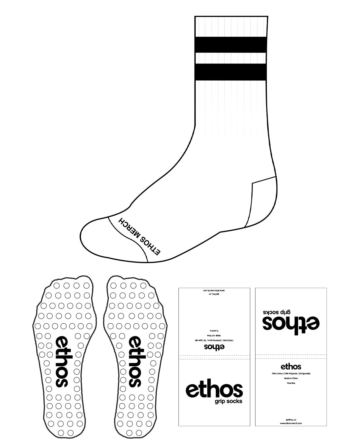 The Crew Sock - White - Ethos Socks - Top 2 Lines & Bottom Text - Black - Circle Shape - Black Grip