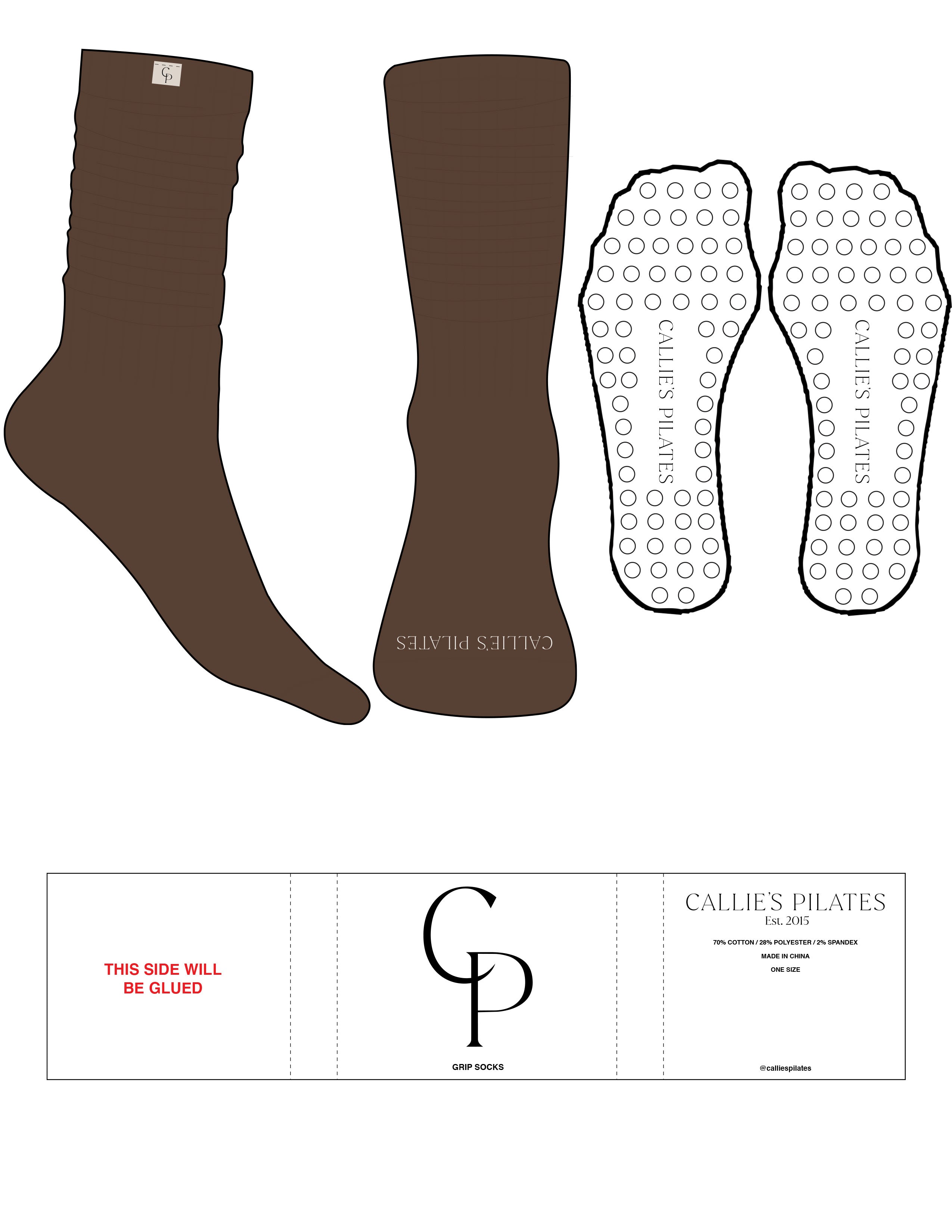 The Slouch Sock - Truffle - Callies Pilates - Sew on Tag - Black Writing - Toe Logo - Cloud Dancer - Circle Grip - Transparent