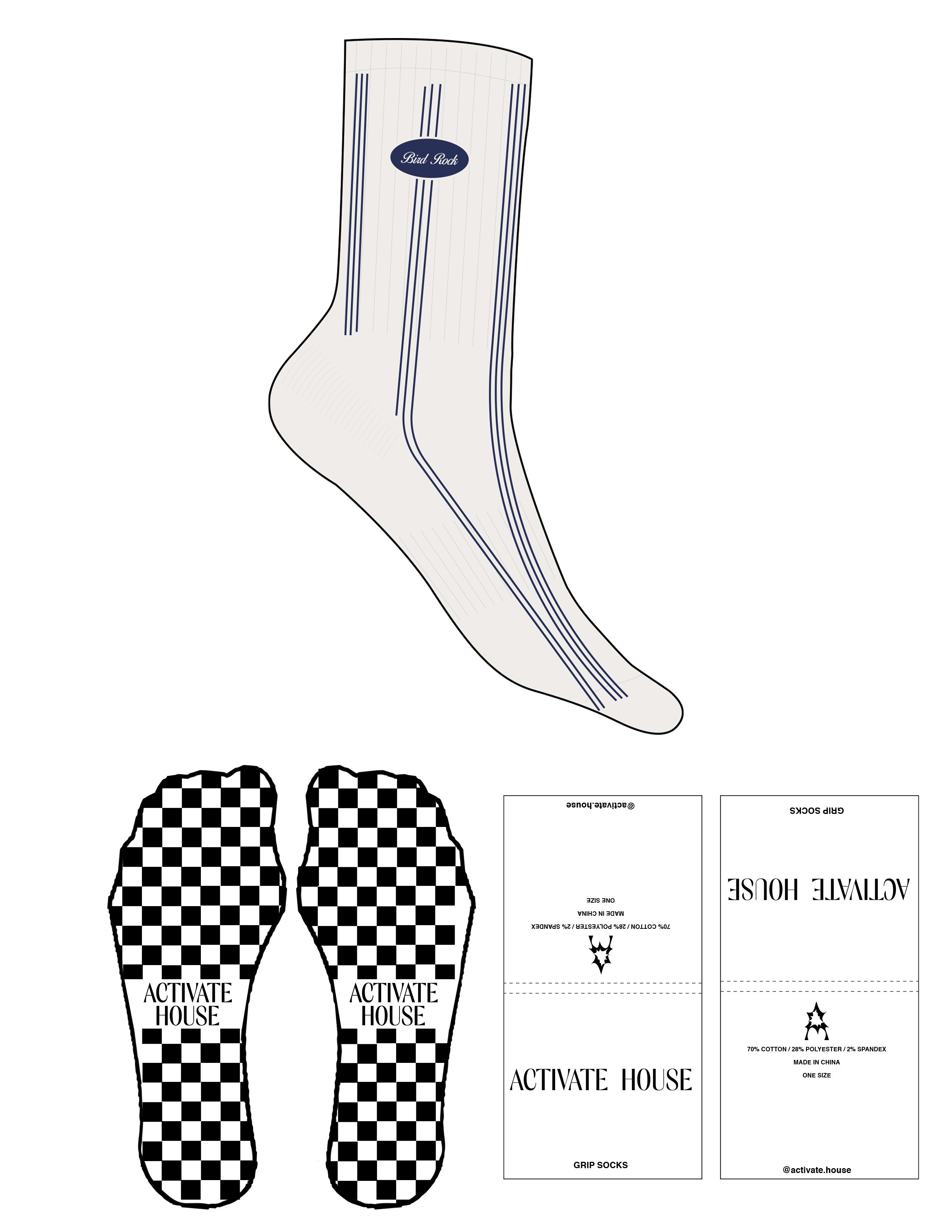 The Crew Sock - Cloud Dancer - Activate House - Navy Stripes - Top Logo - Embroidered - Navy - Square Grip - Navy