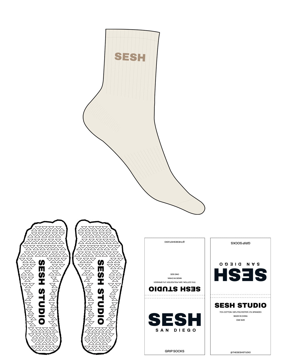 The 3/4 Crew Sock - Off White - Sesh Studio - Top Logo "SESH" - Brown - Triangle Shape Grip - Brown
