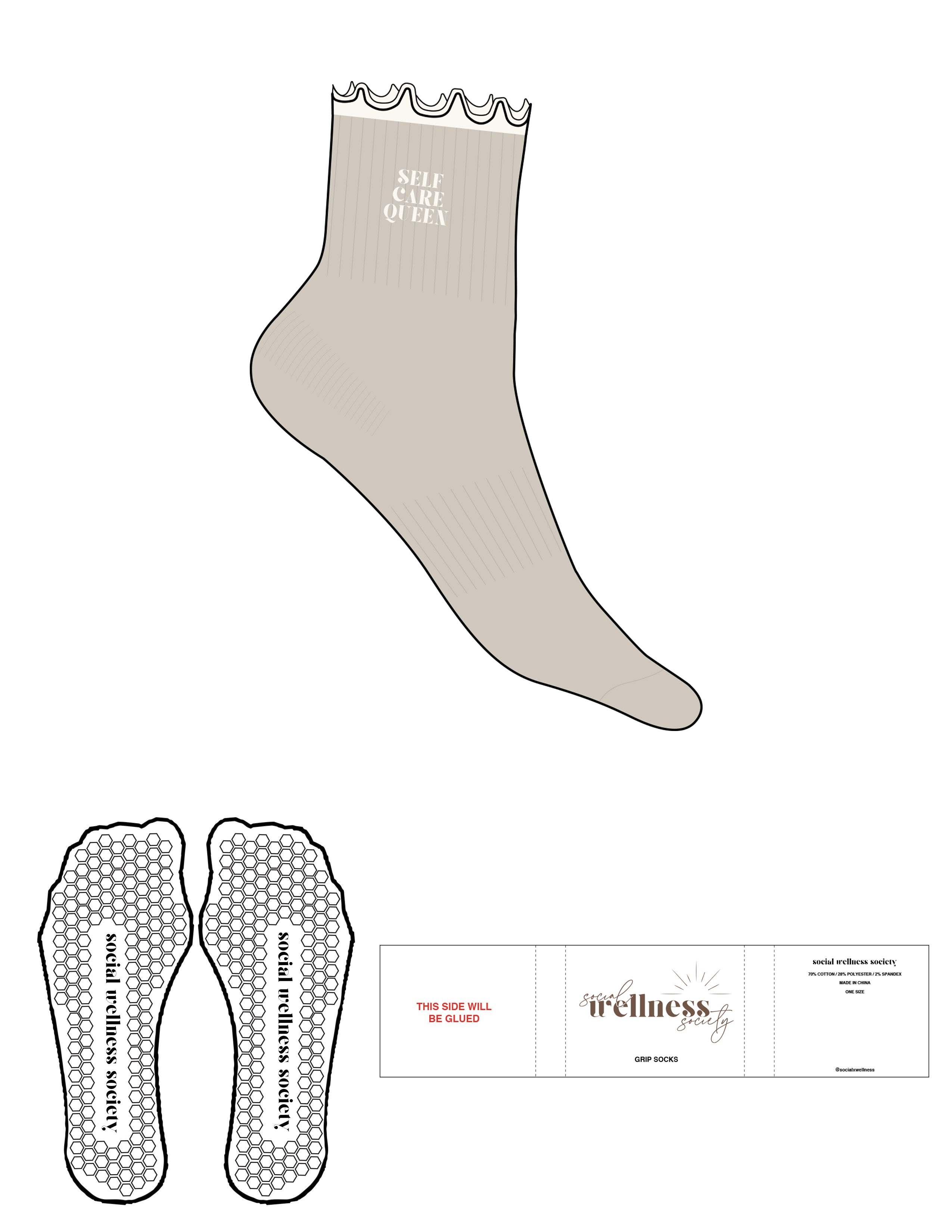 The 1/2 Crew Sock - Sand -  SWS - Off White Frill - Top Logo Stacked - Embroidered - Off White - Hexagon Grip - Transparent