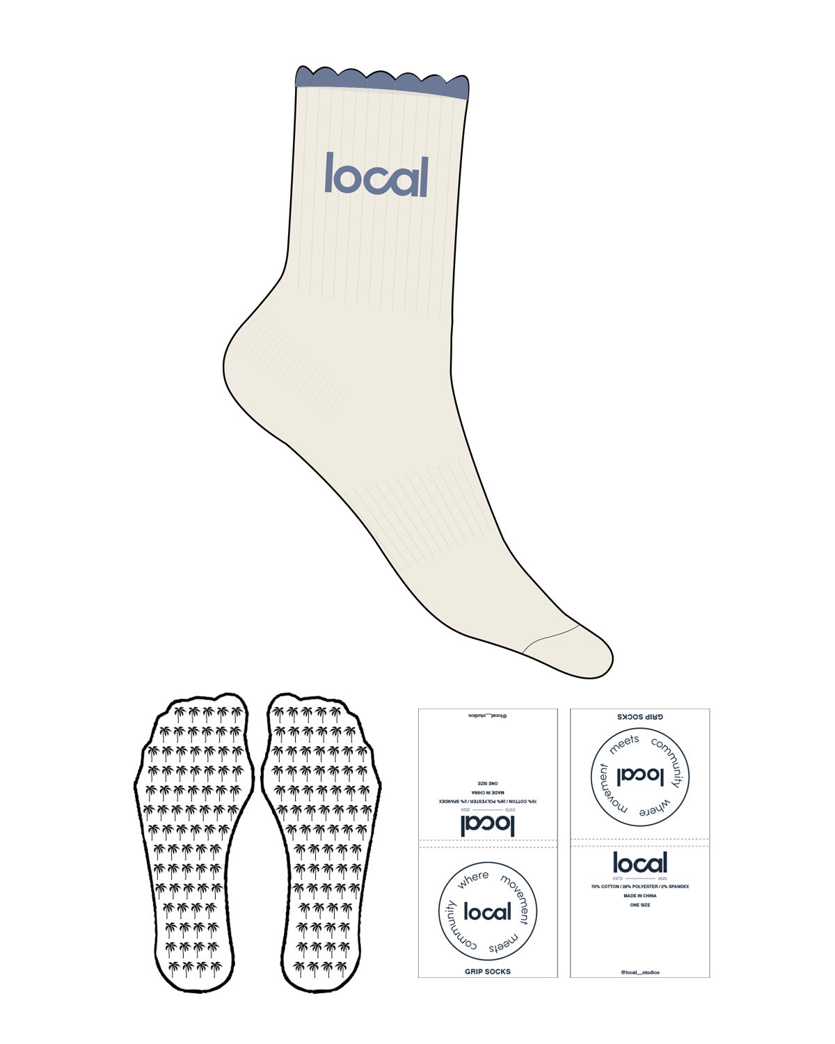 The 3/4 Crew Sock  - Off White - Local Lagree - Top Icon - Embroidred - Blue - Tree Shape Grip - Transparent