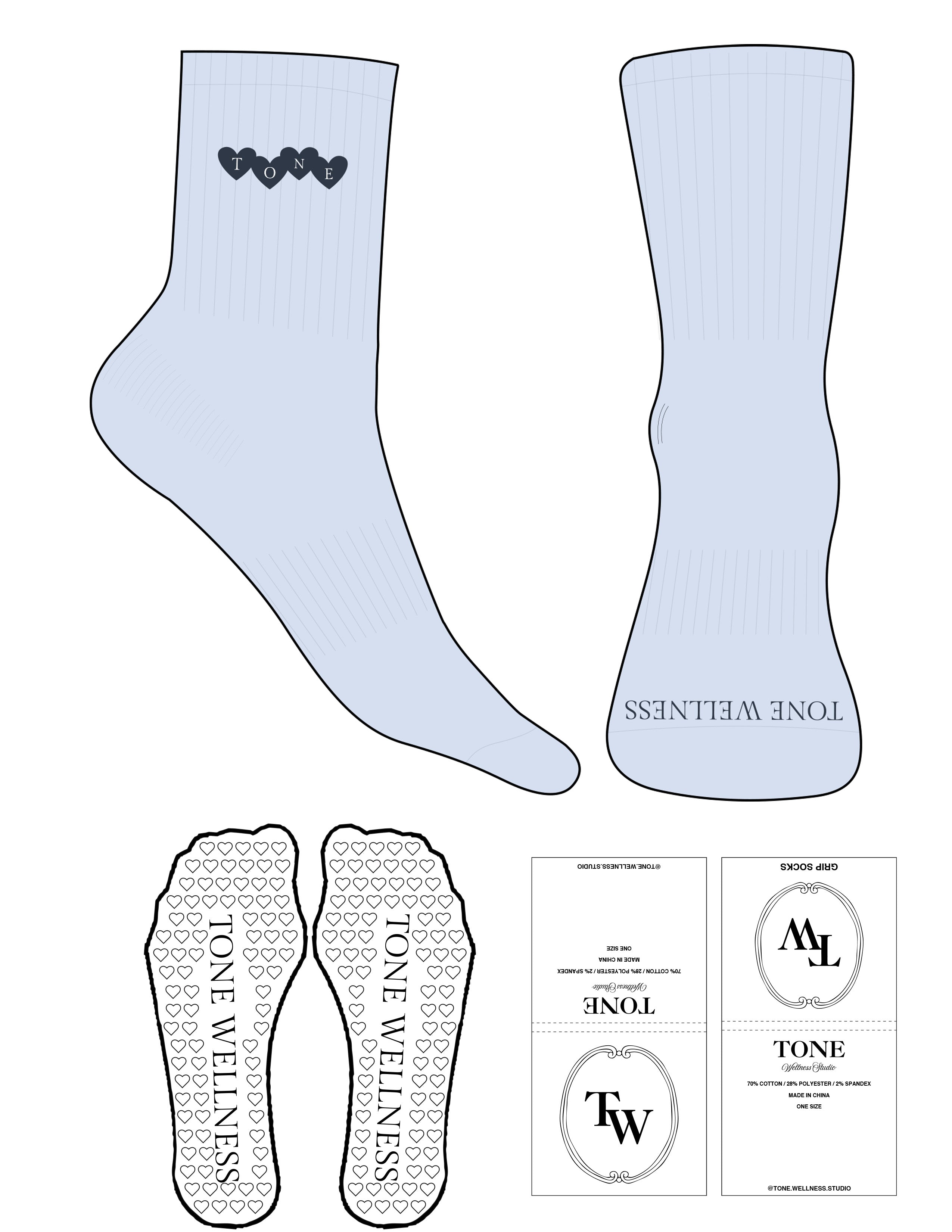 The 3/4 Crew Sock - Light Blue - Tone Wellness Studio - Top Embroidered Navy/White - Toe Printed Logo Navy - Heart Grip - Transparent