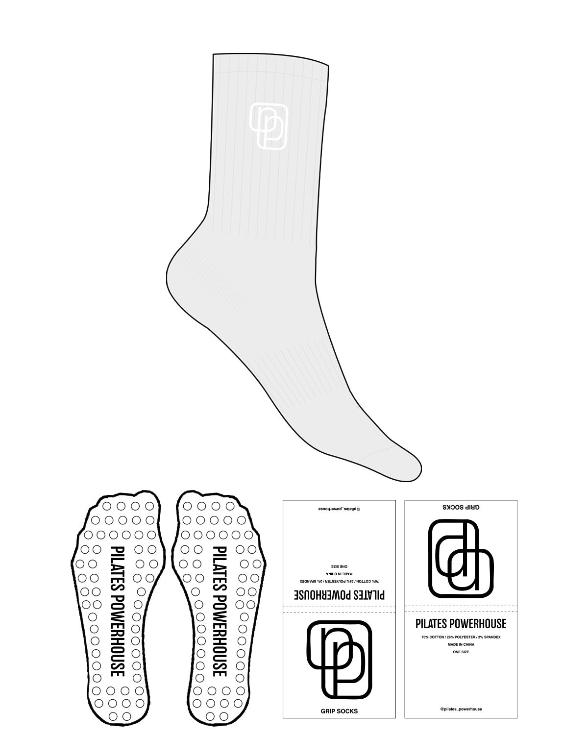 The Crew Sock - Heather - Pilates Powerhouse - Top Icon - Embroidered - White - Circle Shape Grip - White