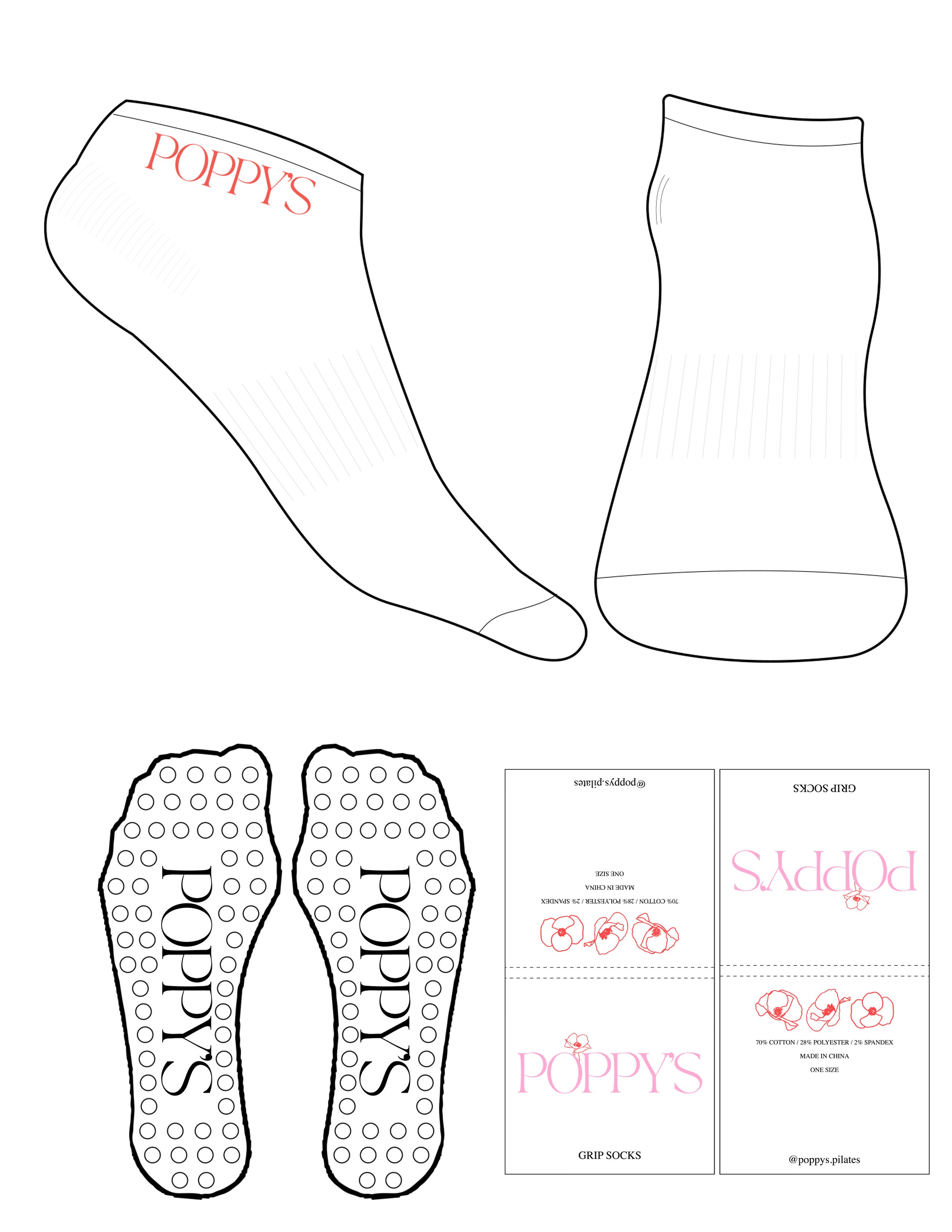 The Ankle Sock - White - Poppys Pilates - Top Logo - Embroidered - Hot Coral - Circle Grip - Hot Coral
