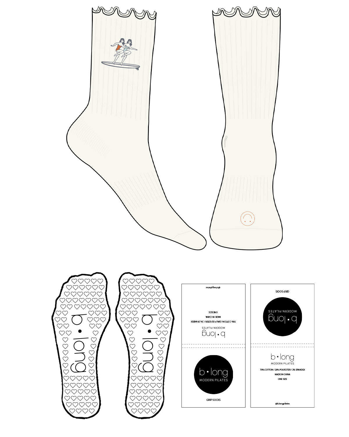 The Crew Sock - Cream - B Long Pilates - Top Embroidered Logo - Blue/Gray - Toe Logo - Orange - Heart Grip - Orange