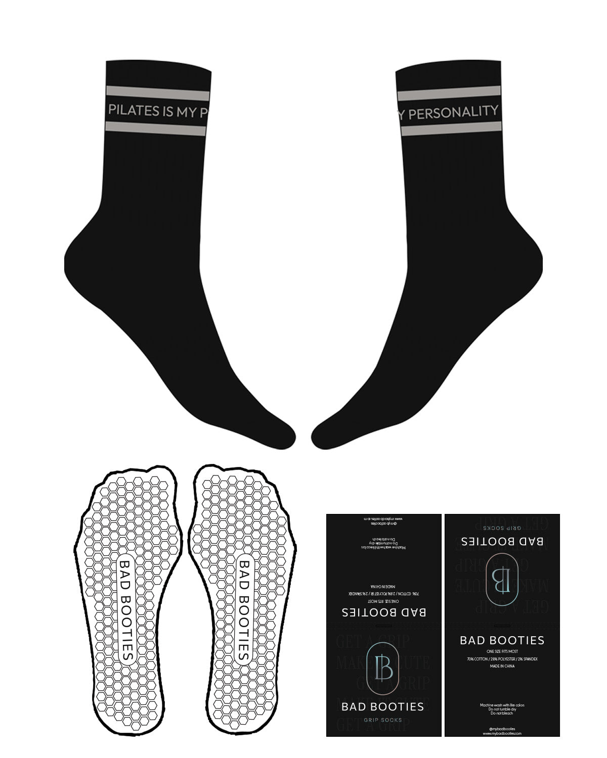 The Crew Sock - Black - Booties - 2 Stripes -In Between Text - Hexagon Grip - Black