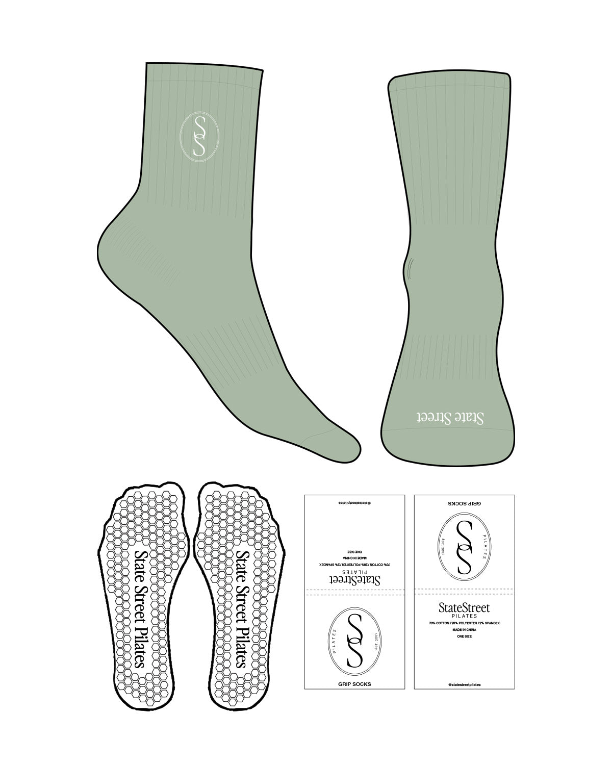 The 3/4 Crew Sock - Sage (a9b8a5) - State Street - Top Embroidered & Front Printed - White - Hexagon Shape Grip - Transparent