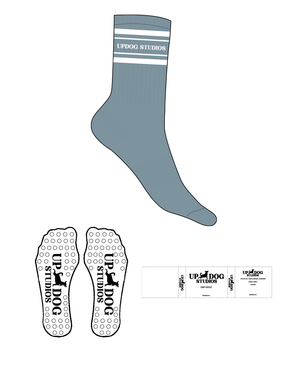 The Crew Sock - Blue - Updog Yoga - 4 Strips - Top Logo Between Strips - White - Circle Shape Grip - White