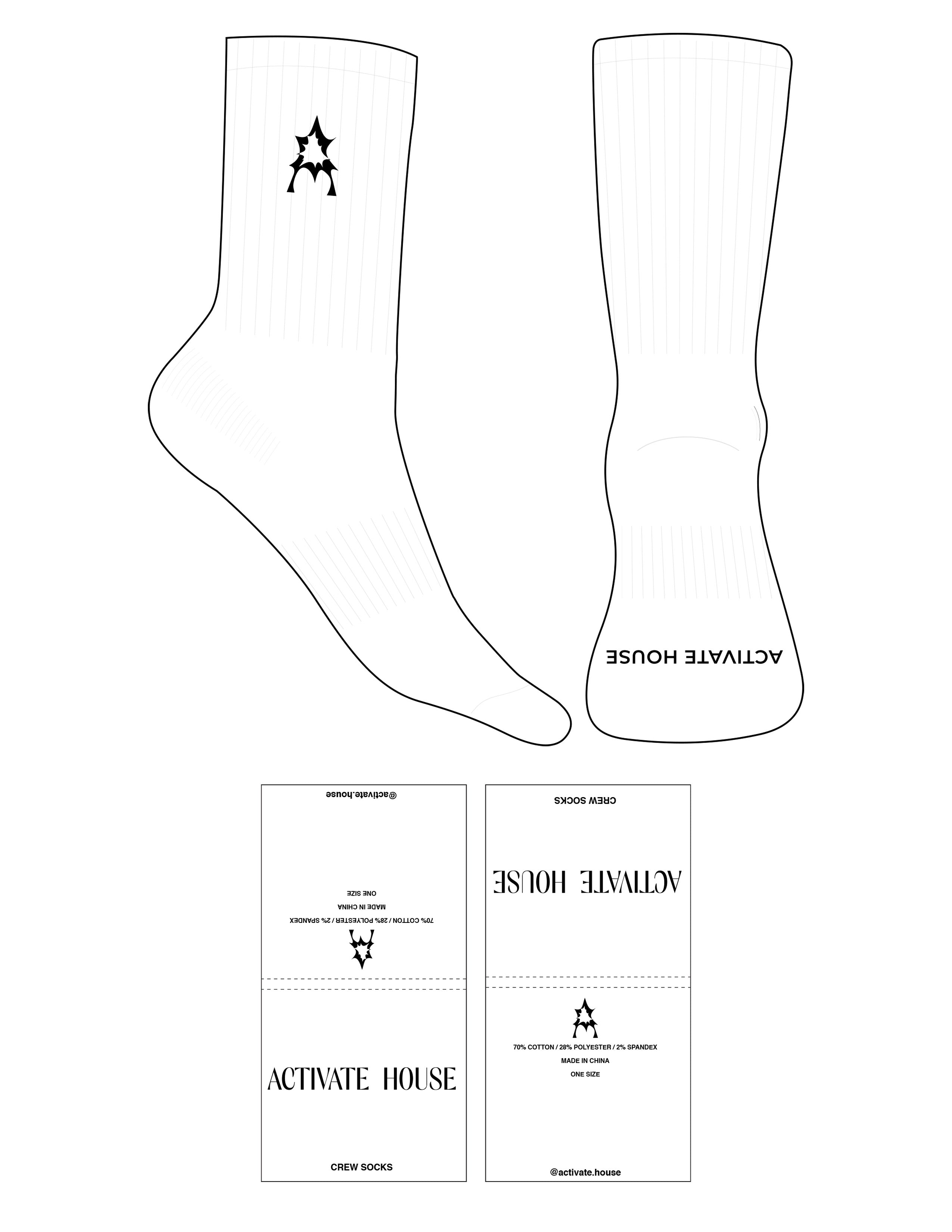 The Crew Sock - White - Activate House -  Top Logo Embroidered - Toe Logo - Black