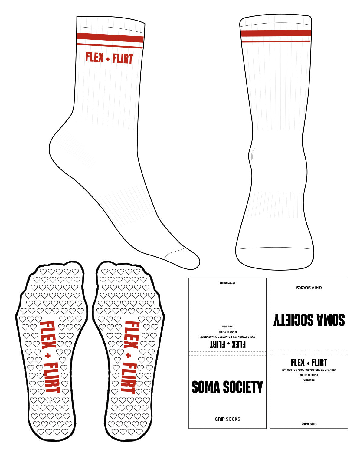 The Crew Sock - White - Flex & Flirt - 2 Lines - Text  - Red - Heart Shape Grip - Red