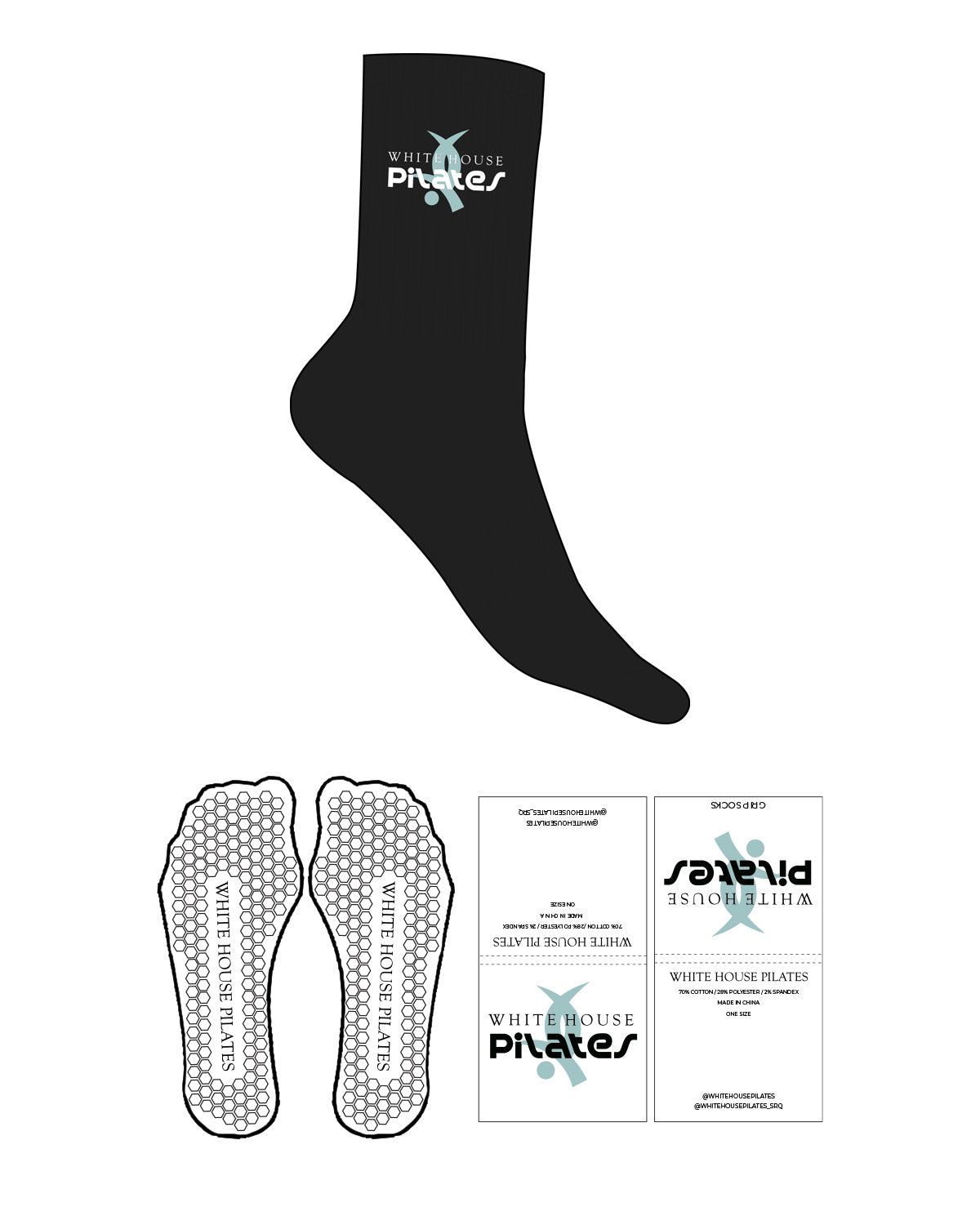 The Crew Sock - Black - White House - Top Logo - Full Color - Hexagon Shape Grip - White