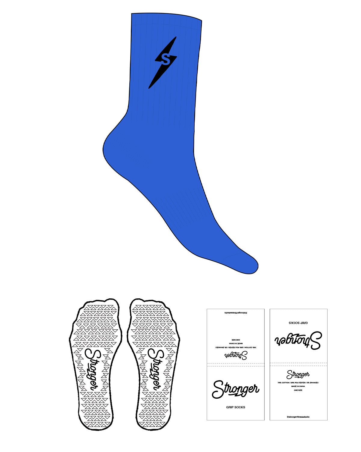 The Crew Sock - Blue - Stronger Fitness - Top Logo Thunder Shape - Embroidered - Black - Triangle Shape Grip - Black