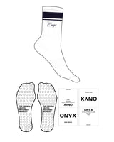 The Crew Sock - White - Onyx Fit - 2 Strips - Top Logo - Embroidered - Dark Blue - Circle Shape Grip - Dark Blue
