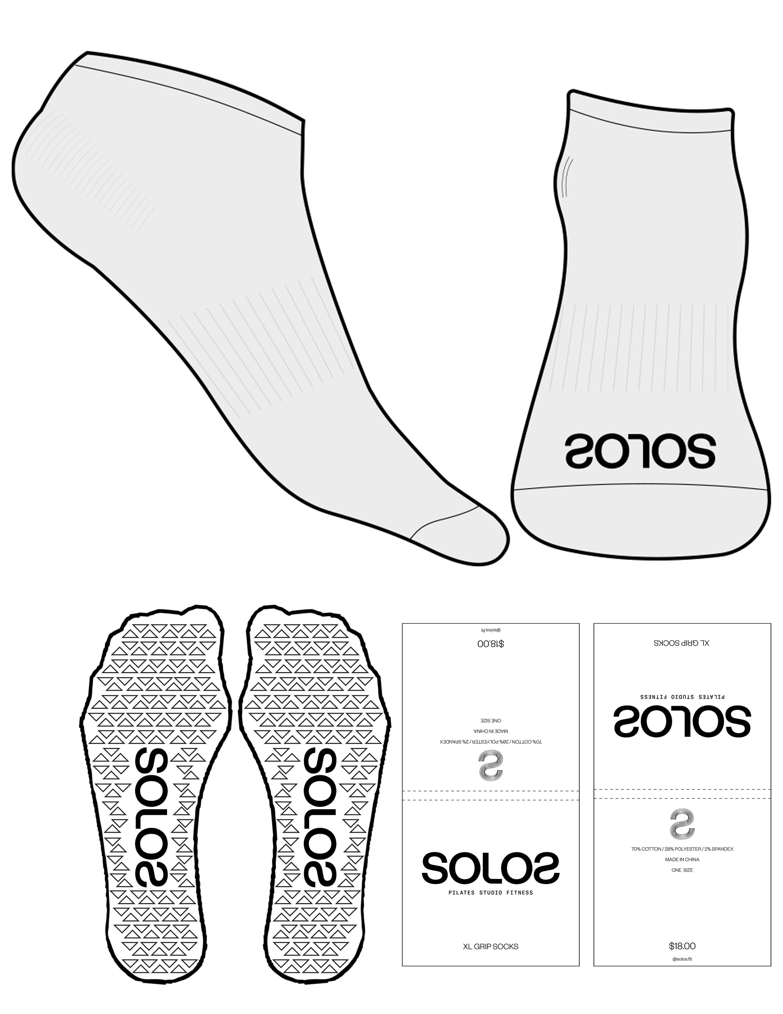 The Ankle Sock - MENS SIZING 9-13 - Heather - Solos Pilates - Toe Logo - Black - Triangle Grip - Black