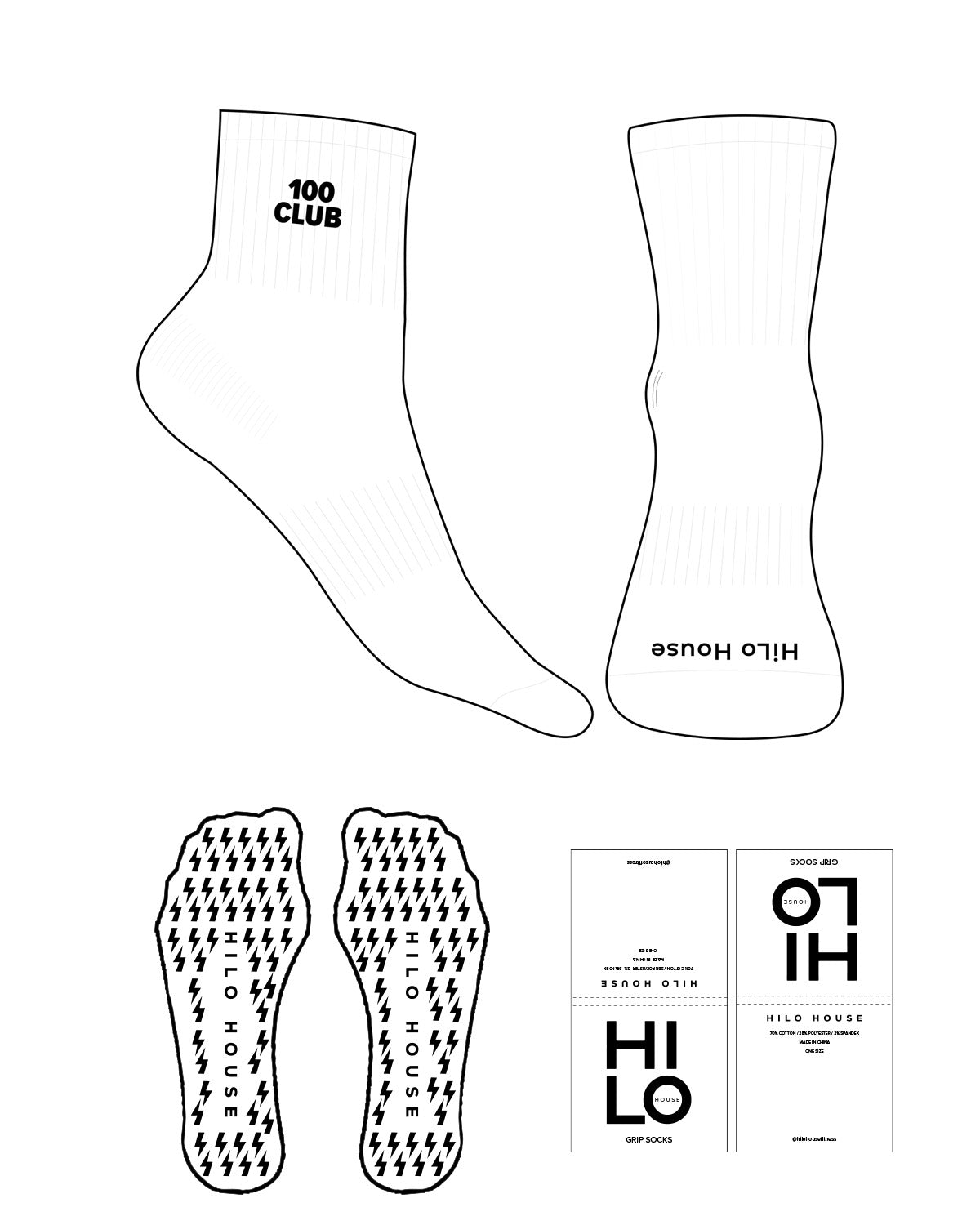 The 1/2 Crew Sock - White - HiLo - Top & Toe Logo - Full Color - Lightning Bolt Grip - Black